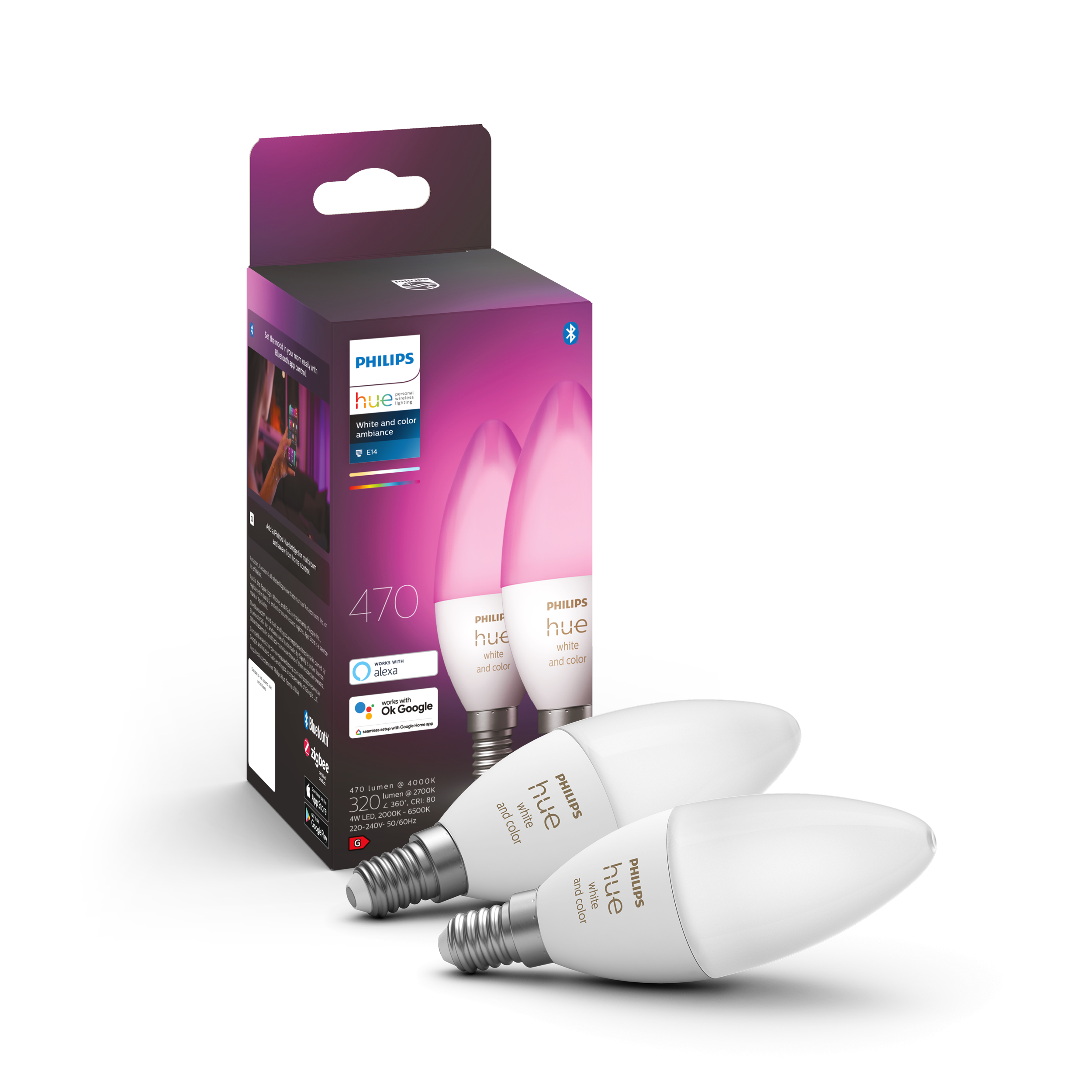 Philips Hue E14 BT White and Color Ambience 470 lm pære 2-pak
