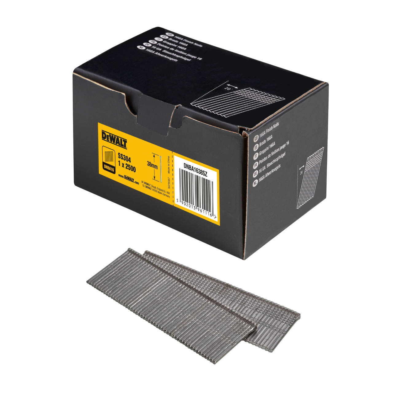 DeWALT 16GA Dykker 1,6x38mm rustfri stål A2, vinklet 20° - 2500 stk.