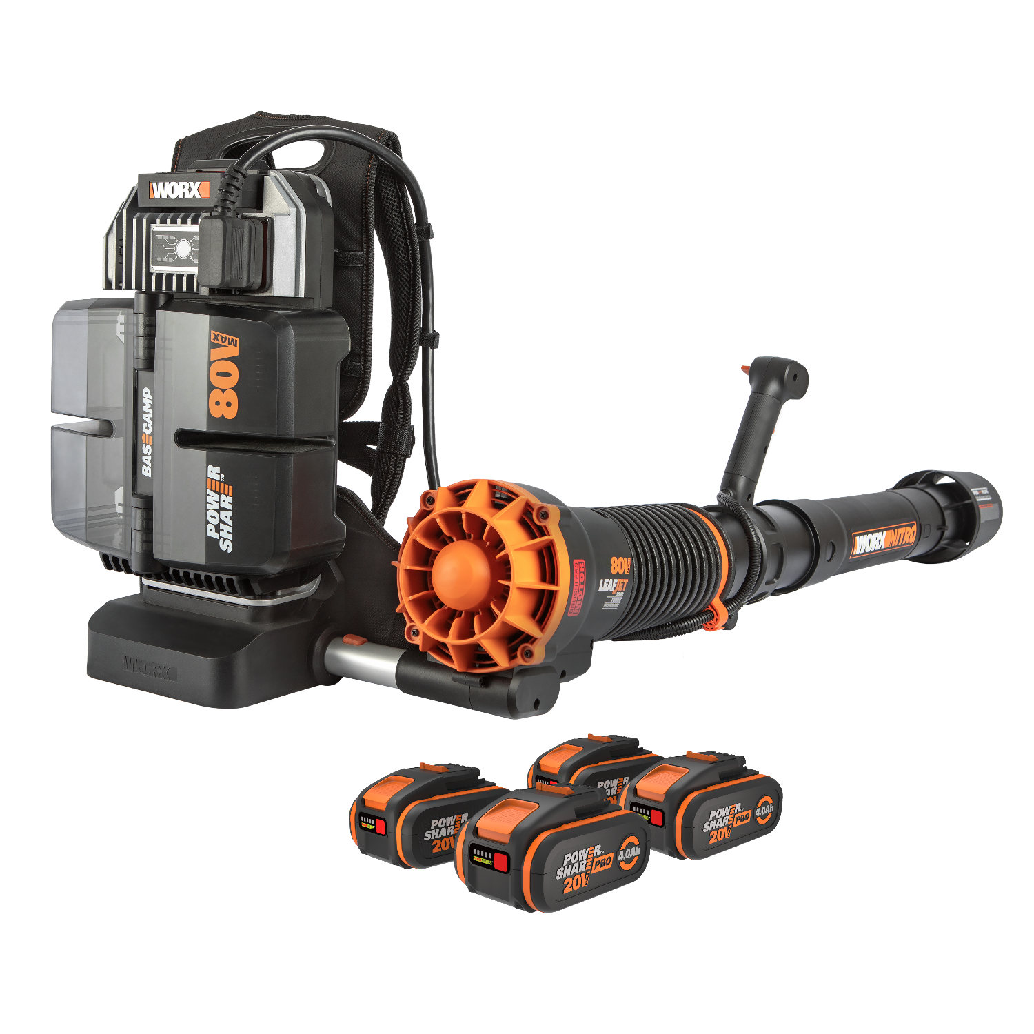 Worx WG572E 80V PowerShare Backpack Løvblæser med 4 stk. 4,0Ah batteri og basecamp