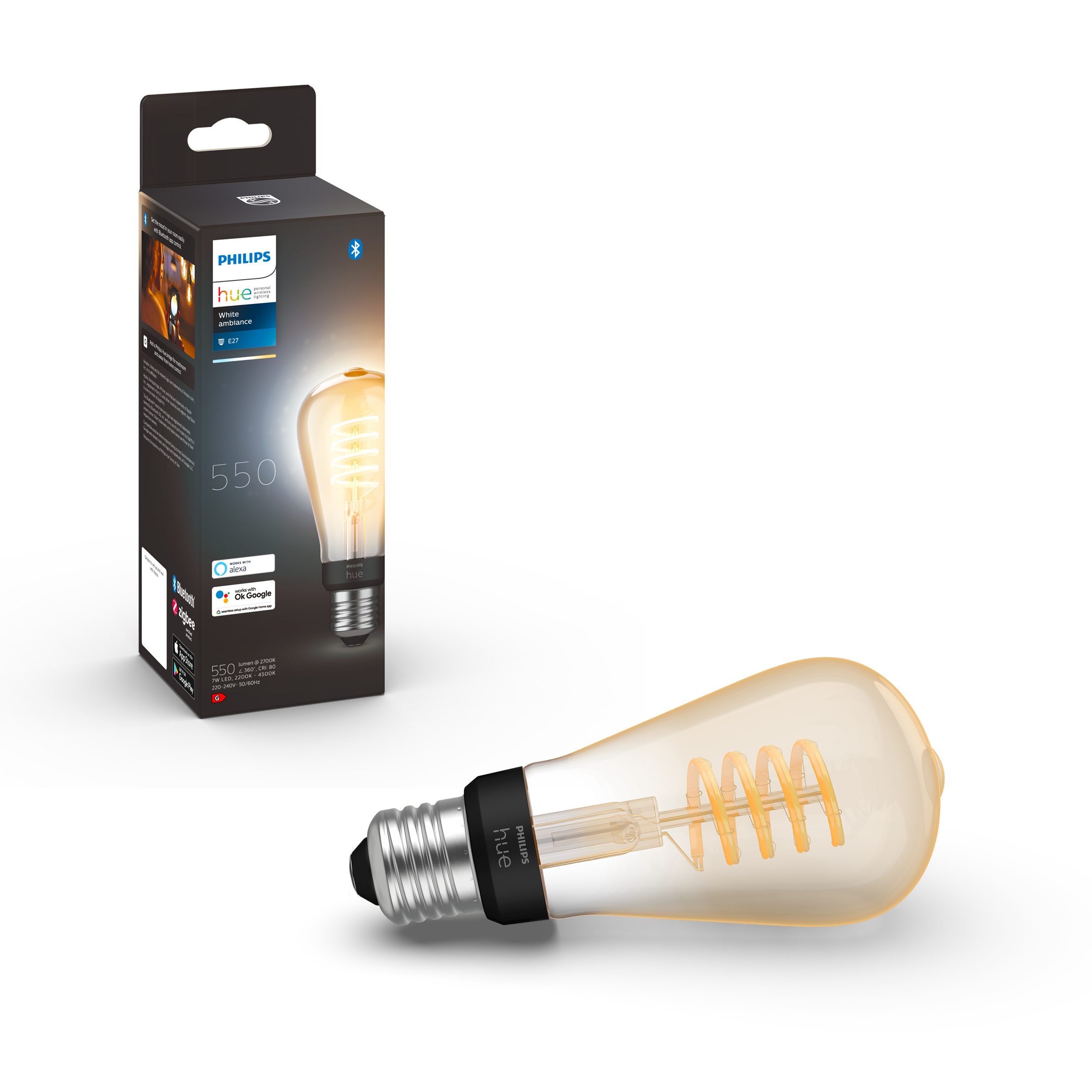 Philips Hue E27 ST64 BT Filament White Ambiance 550 lm pære