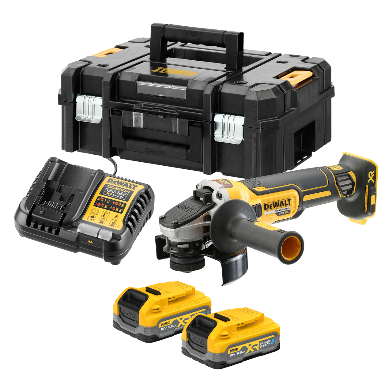 Dewalt DCG405S2T-QW 18V XR Vinkelsliber med 2 stk. 3,5Ah PowerStack batteri, lader og TSTAK