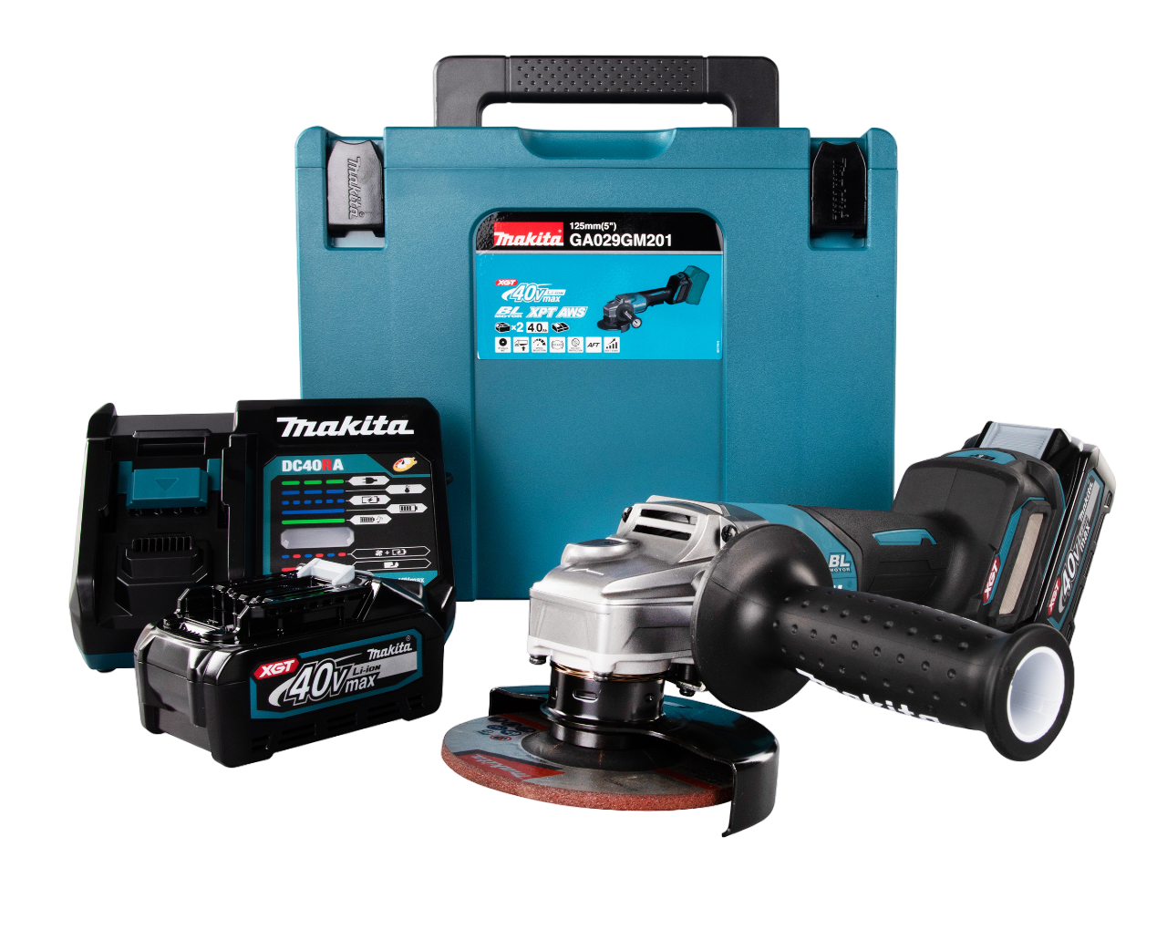 Makita GA029GM201 40V XGT Vinkelsliber med 2 stk. 4,0Ah batteri, lader og Makpac