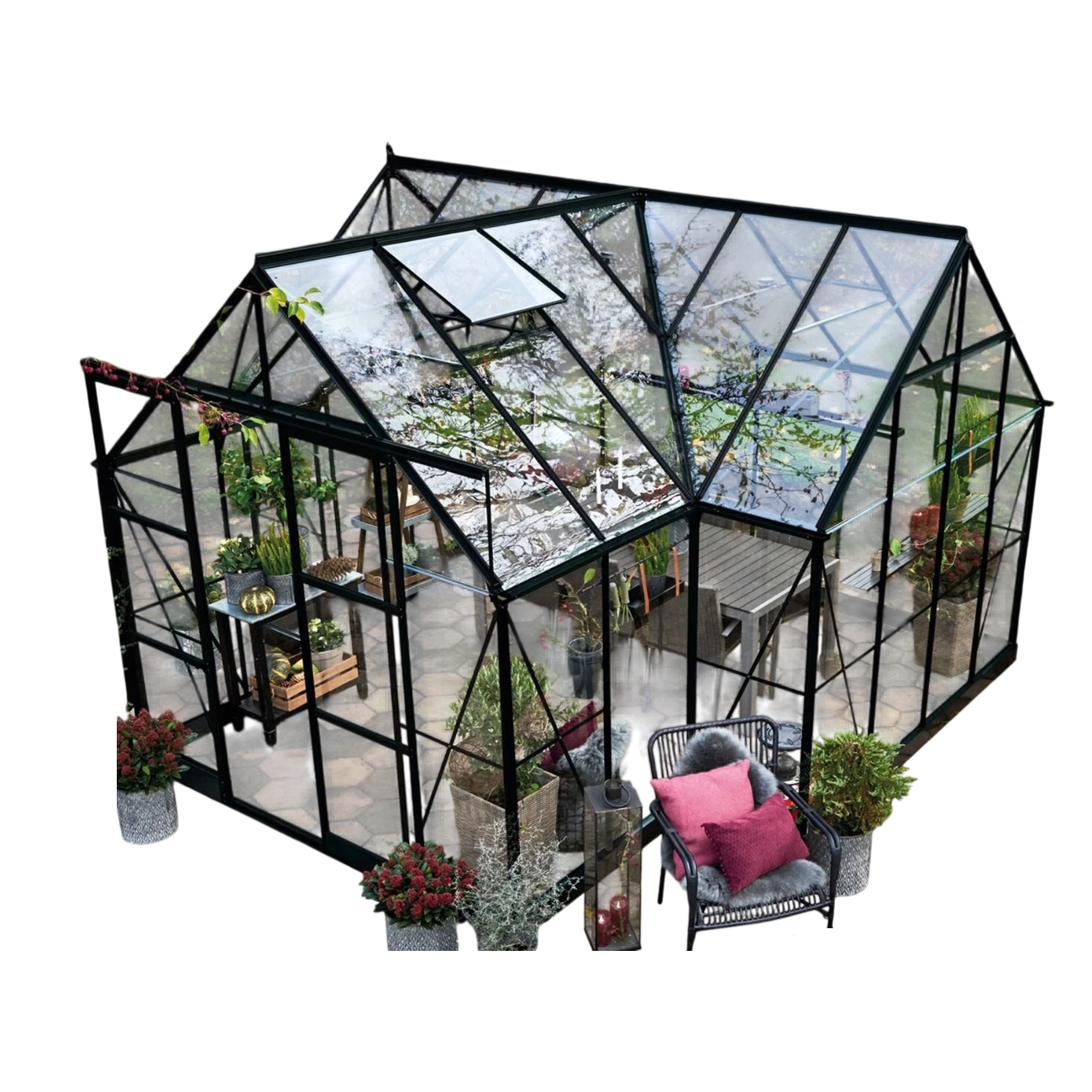 Halls ICON Gardenhouse 8 Drivhus i sort 13,0 m² (8' x 12') med 3 mm hærdet glas inkl. sort fundament