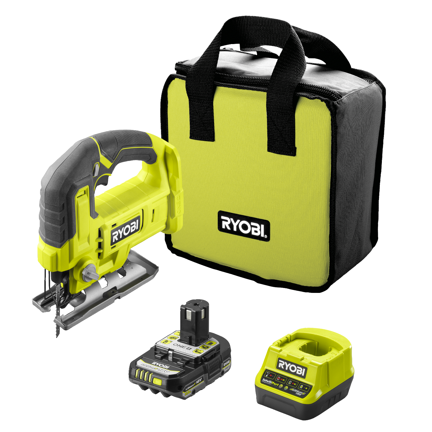 Ryobi RJS18-1C20S ONE+ 18V Stiksav med 2,0Ah batteri, lader og taske