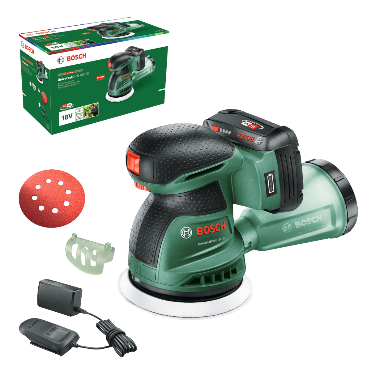 Bosch UniversalOrbit 18V-20 Excentersliber med 2,0Ah batteri og lader