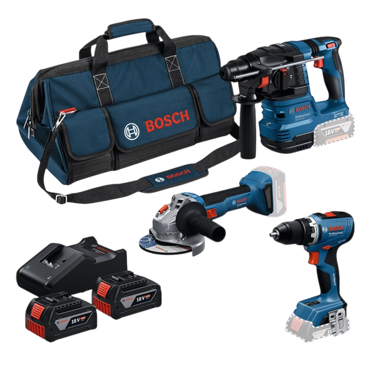 Bosch Professional PRO 18V Elværktøjssæt GSB, GWS, GBH med 3 stk. 5,0Ah batteri, lader og værktøjstaske