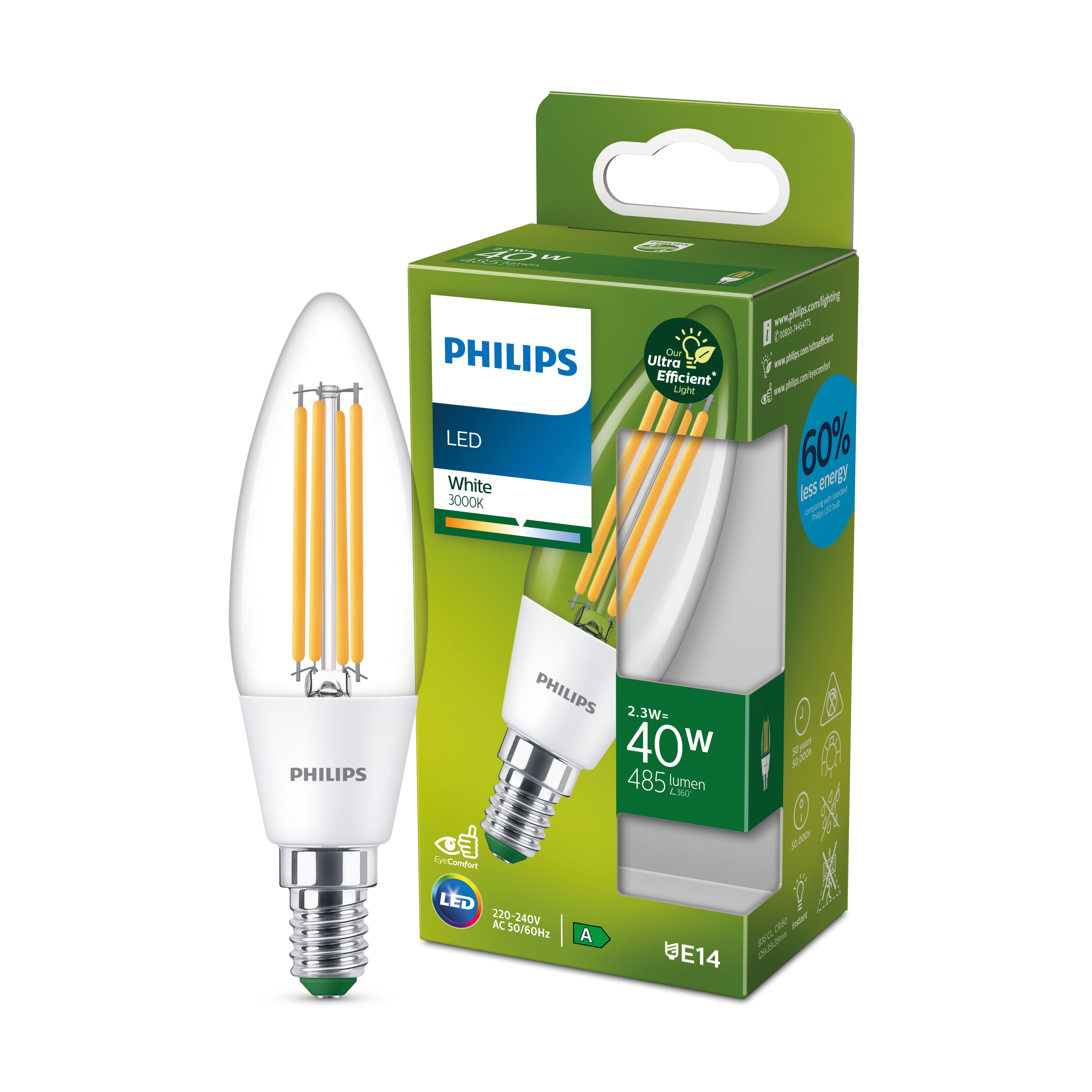 Philips E14 Utrolig Energibesparende LED Pære 2.3W B35 3000K 485lm