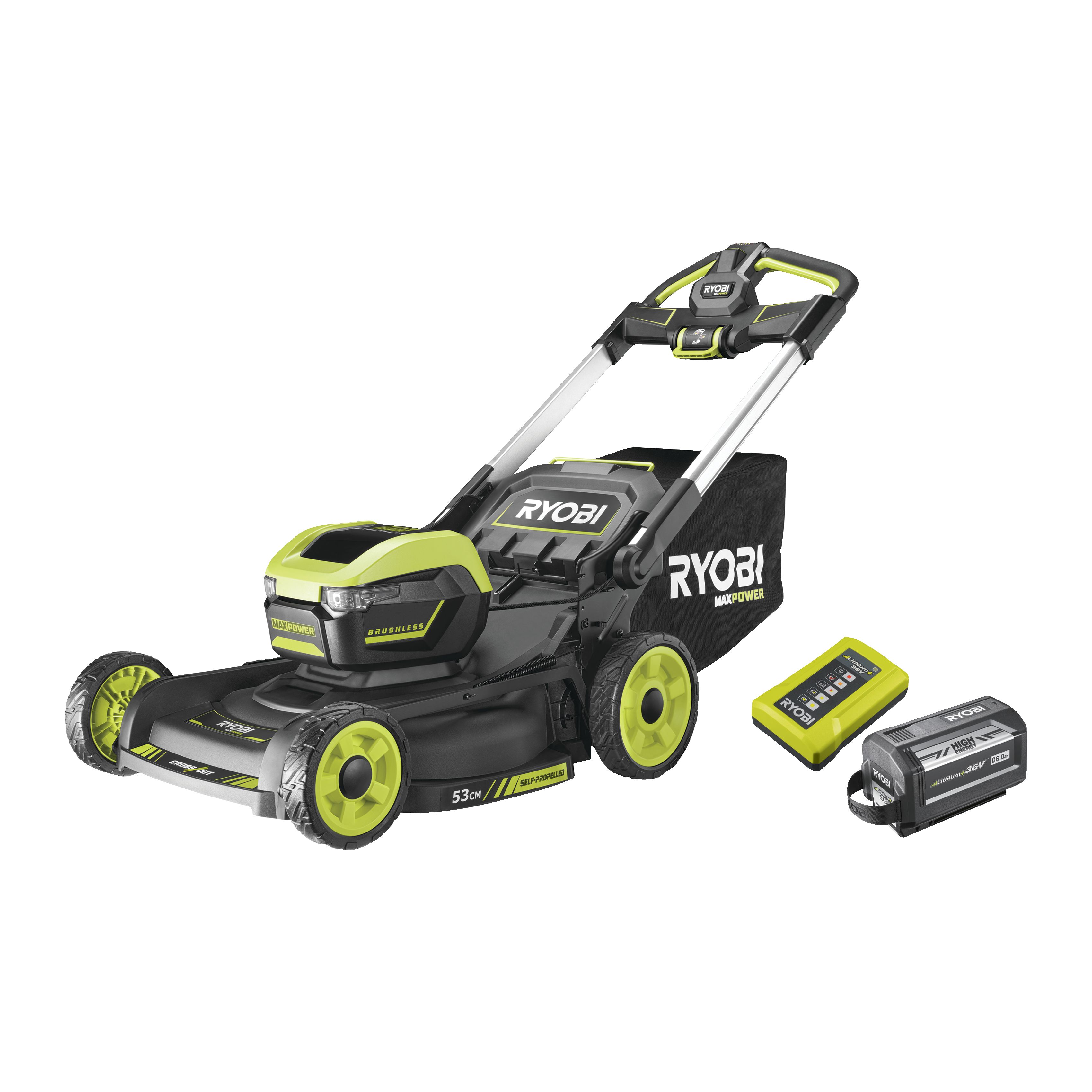 Ryobi RY36LMXSP53A-160 36V Kulfri Selvkørende Plæneklipper med 6,0Ah batteri og lader