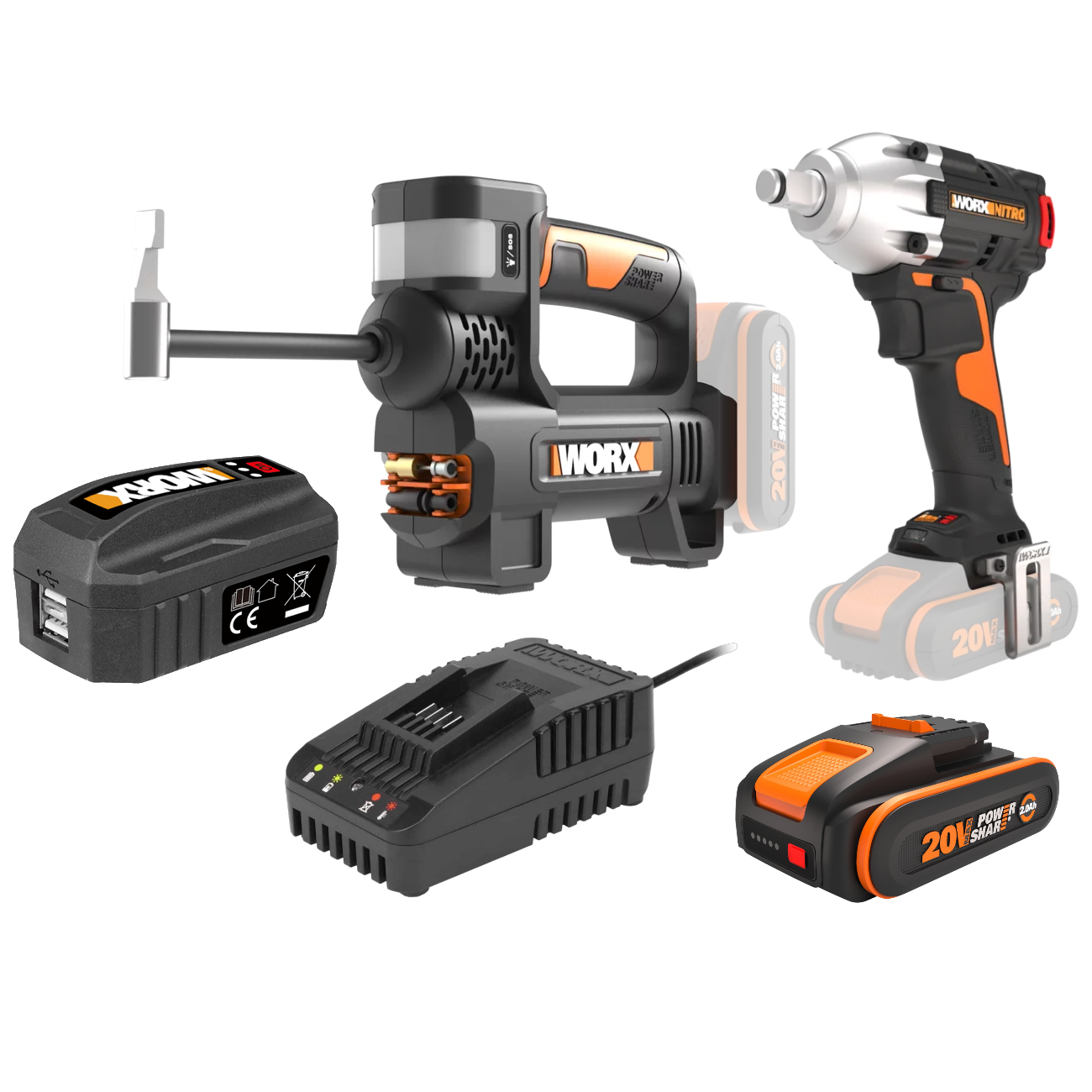Worx PowerShare 20V Hjulskiftesæt med 2,0Ah batteri, lader og USB