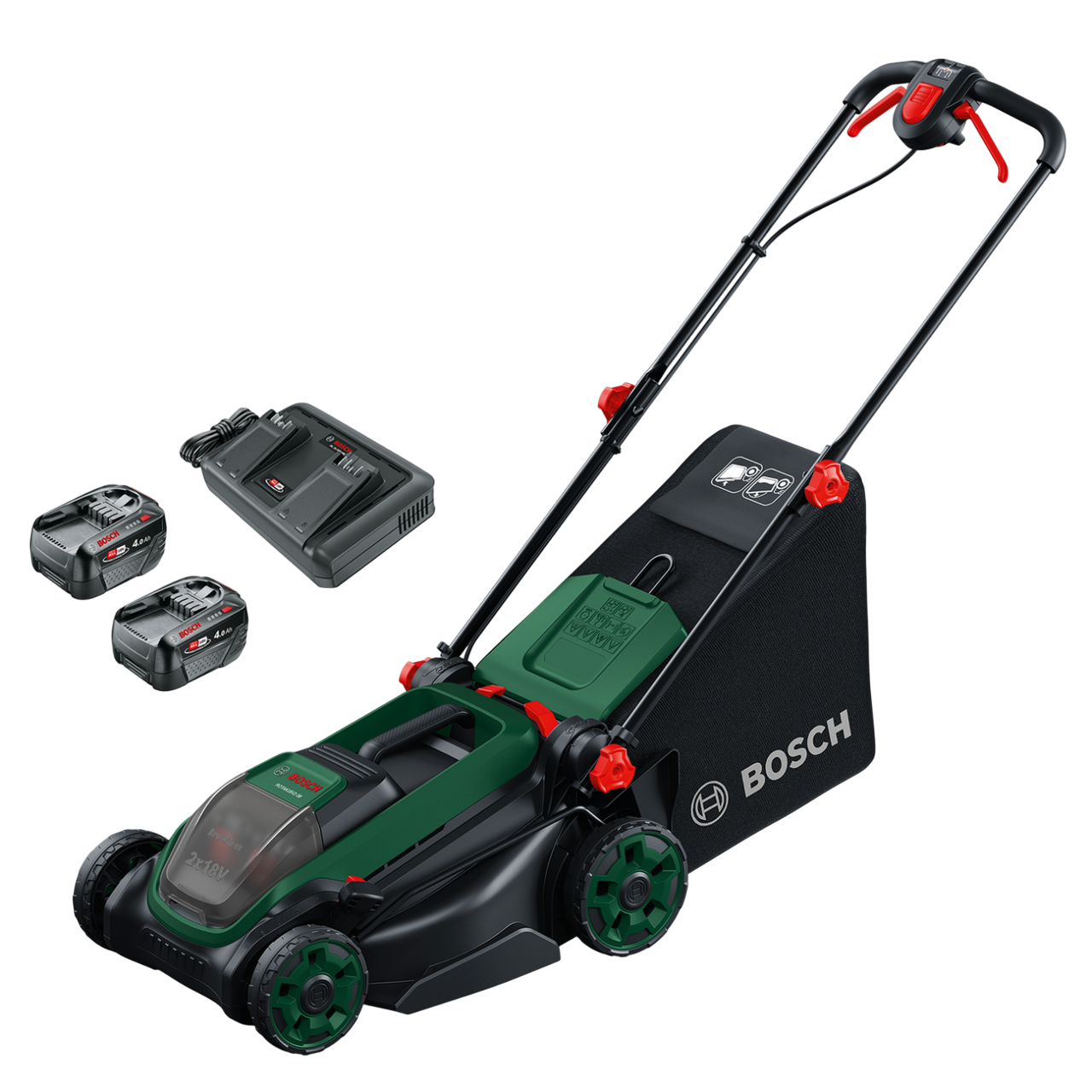 Bosch Rotak 18V2-38 Batteridrevet plæneklipper med 2 stk. 4,0Ah batteri og dobbeltlader