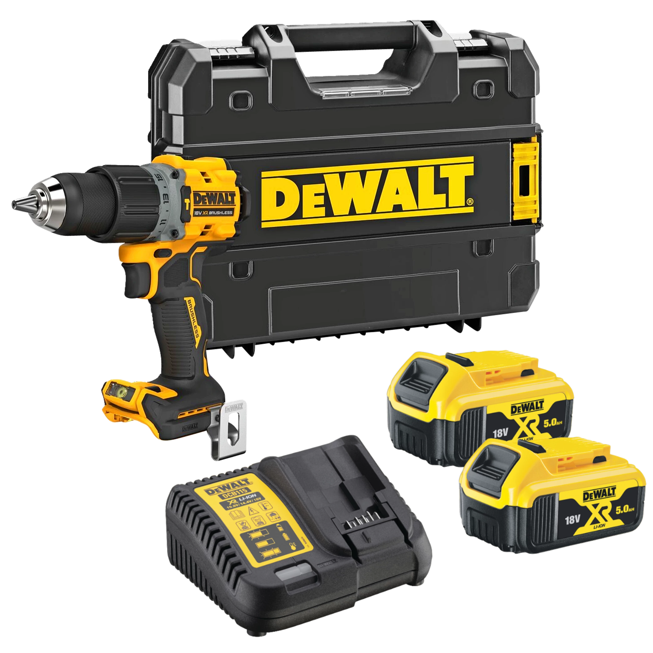 Dewalt DCD805P2T-QW 18V XR Slagbore-/skruemaskine med 2 stk. 5,0Ah batteri, lader og TSTAK