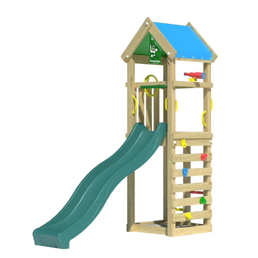 Jungle Gym Patio legetårn med gyngestativ, 2 gynger og blå rutschebane