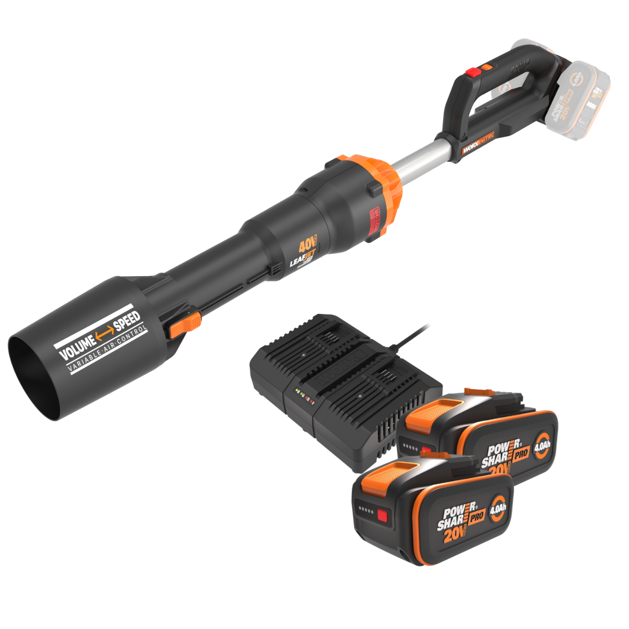 Worx WG585E 20V PowerShare Løvblæser 2x20V med 2 stk. 4,0Ah batteri og dobbeltlader