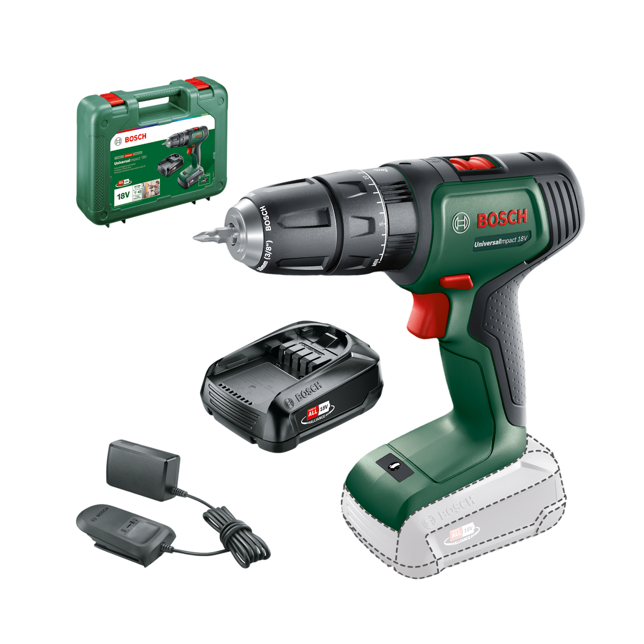 Bosch Universal Impact 18V Slagbore-/skruemaskine med 1,5Ah batteri, lader og kuffert