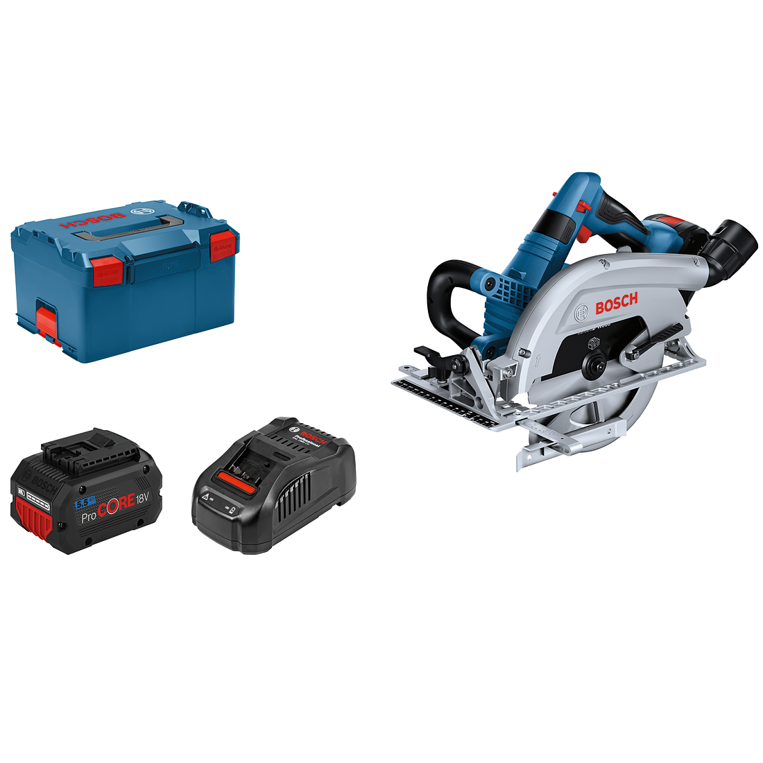 Bosch Professional GKS 18V-70 L Rundsav med 2 stk. 5,5Ah ProCORE batteri, lader og L-BOXX