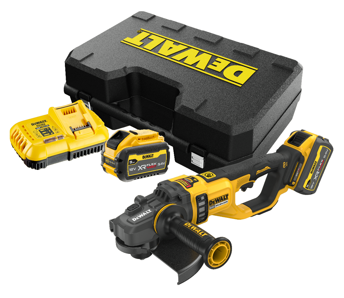 Dewalt DCG460X2-QW 54V XR Flexvolt Vinkelsliber med 2 stk. 9,0Ah batteri, lader og kuffert