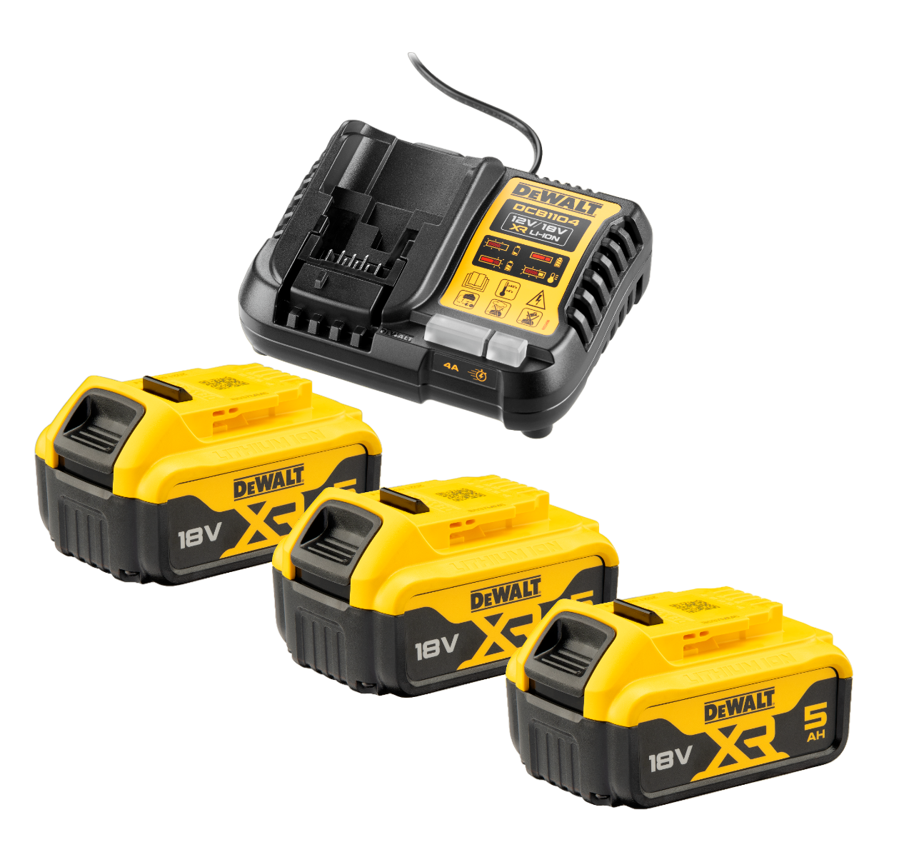 DeWALT DCB1104P3-QW 18V XR Batterisæt med 3 stk. 5,0Ah batteri og lader