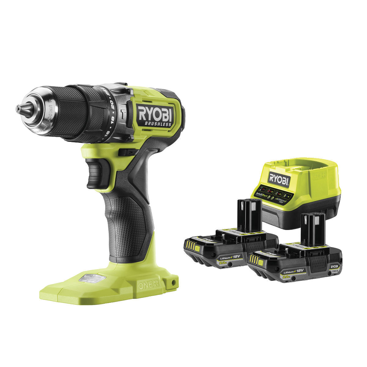 Ryobi RPD18BL1-2C20S ONE+ 18V Slagbore-/skruemaskine med 2 stk. 2,0Ah batteri og lader
