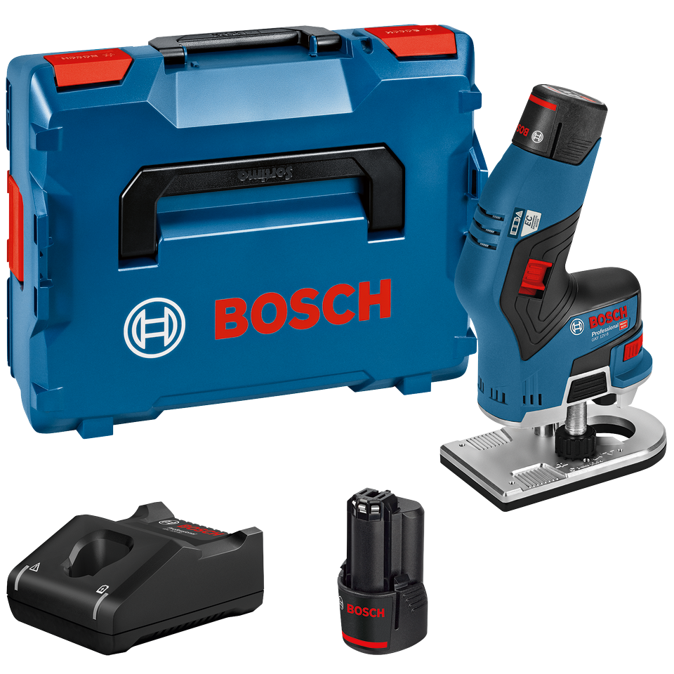 Bosch Professional GKF 12V-8 Kantfræser med 2 stk. 3,0Ah batteri, hurtiglader og L-BOXX