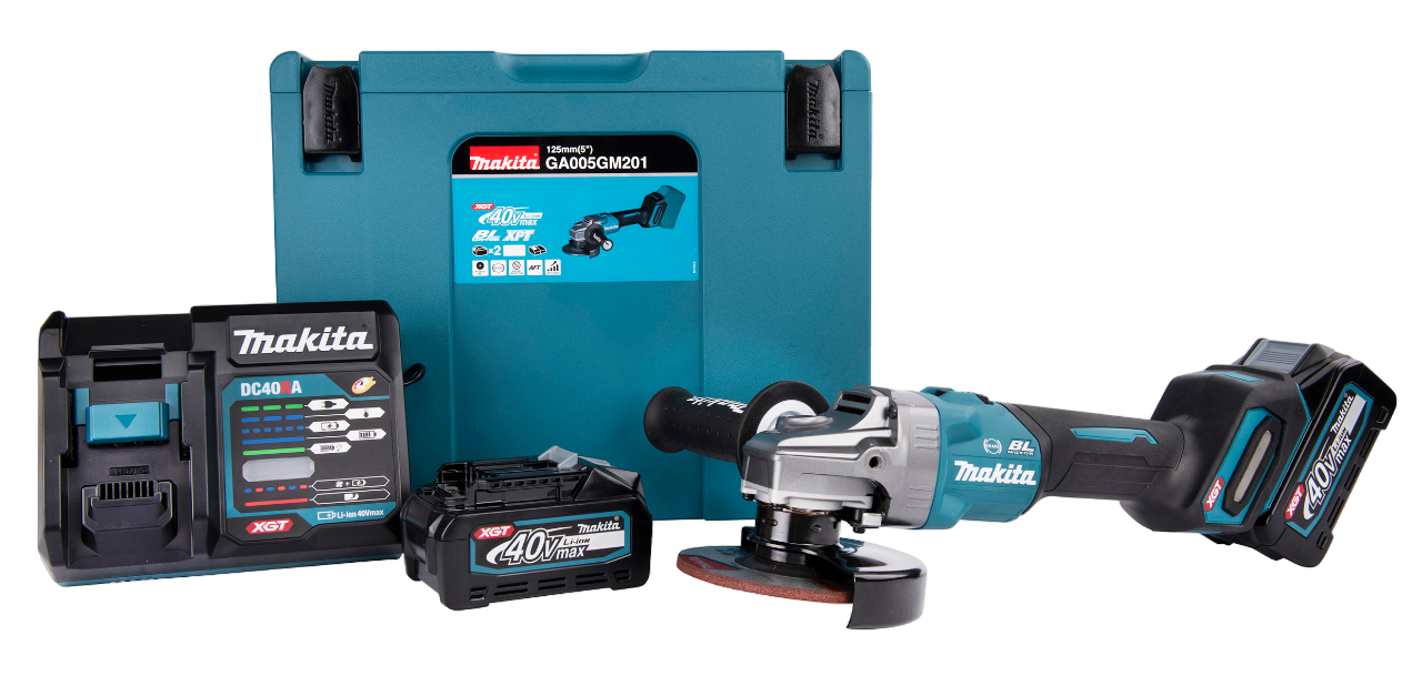 Makita GA005GM201 40V XGT Vinkelsliber med 2 stk. 4,0Ah batteri, lader og Makpac