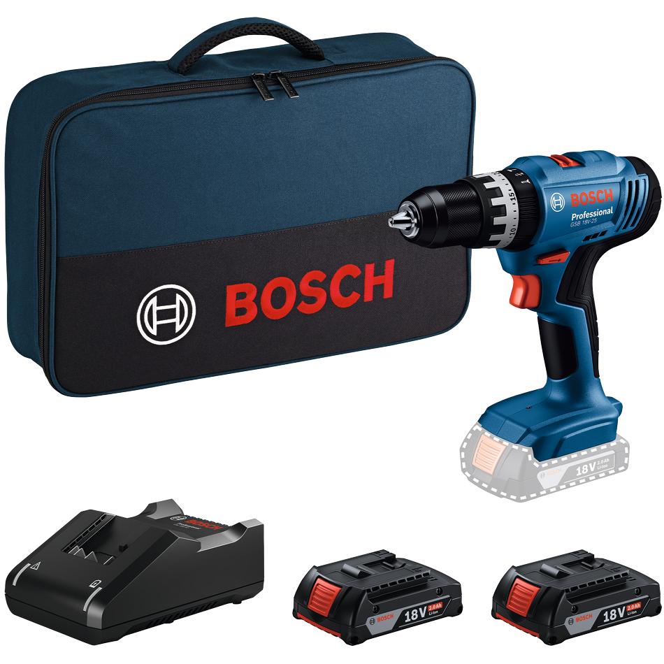 Bosch Professional GSB 18V-25 Slagbore-/skruemaskine med 2 stk. 2,0Ah batteri, lader og taske