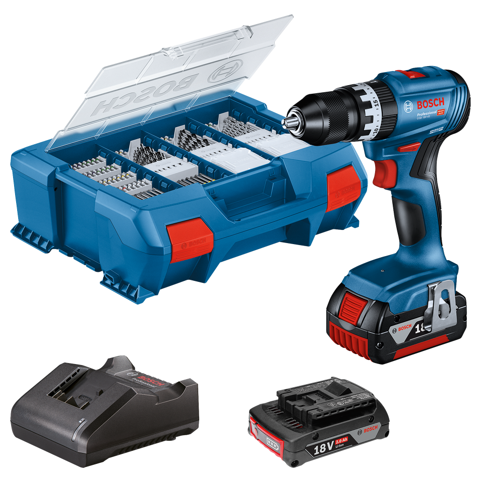 Bosch Professional GSB 18V-45 Slagbore-/skruemaskine med 2 stk. batteri, lader og kuffert med tilbehør