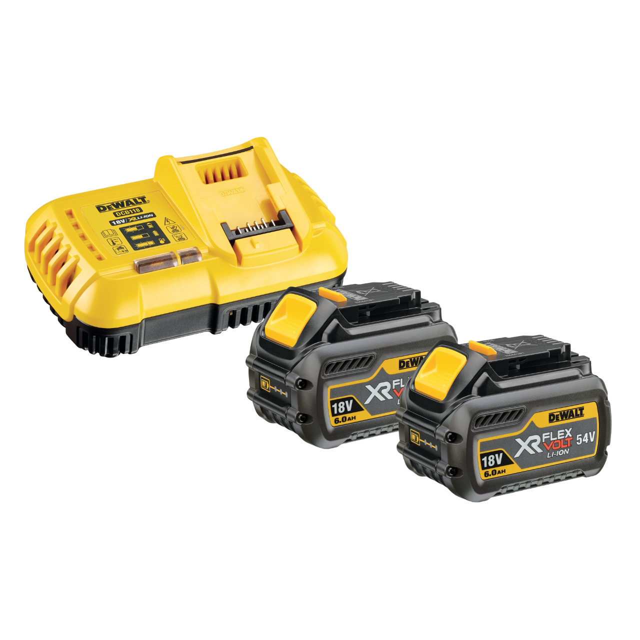 DeWALT DCB118T2-QW 18/54V XR Flexvolt lader og 2 batterier