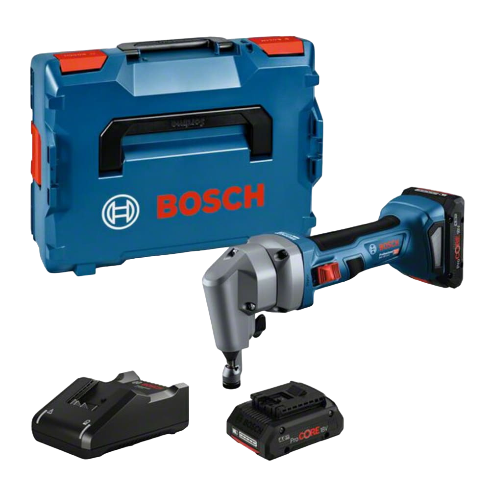 Bosch Professional GNA 18V-16 E Pladestanser med 2 stk. 4,0Ah batterier og lader