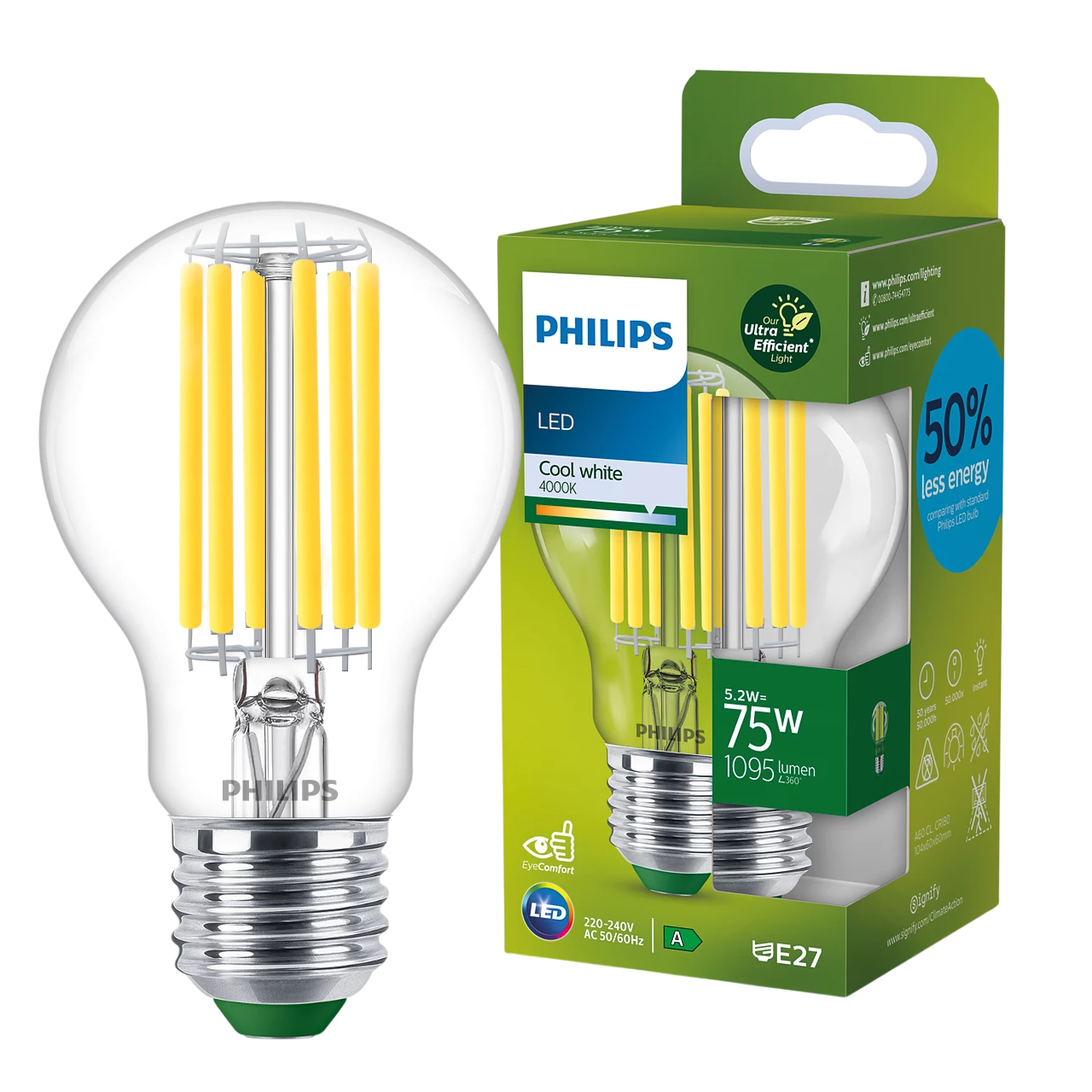 Philips E27 Utrolig Energibesparende LED Pære 5.2W A60 4000K 1095lm