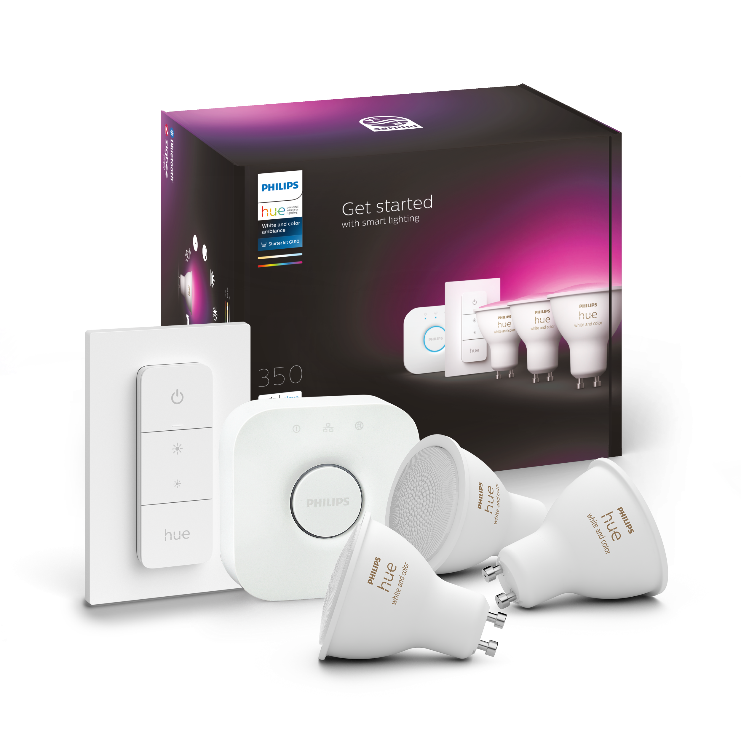 Philips Hue GU10 BT White and Color Ambiance 350 lm - Startsæt 3GU10+DS+BR