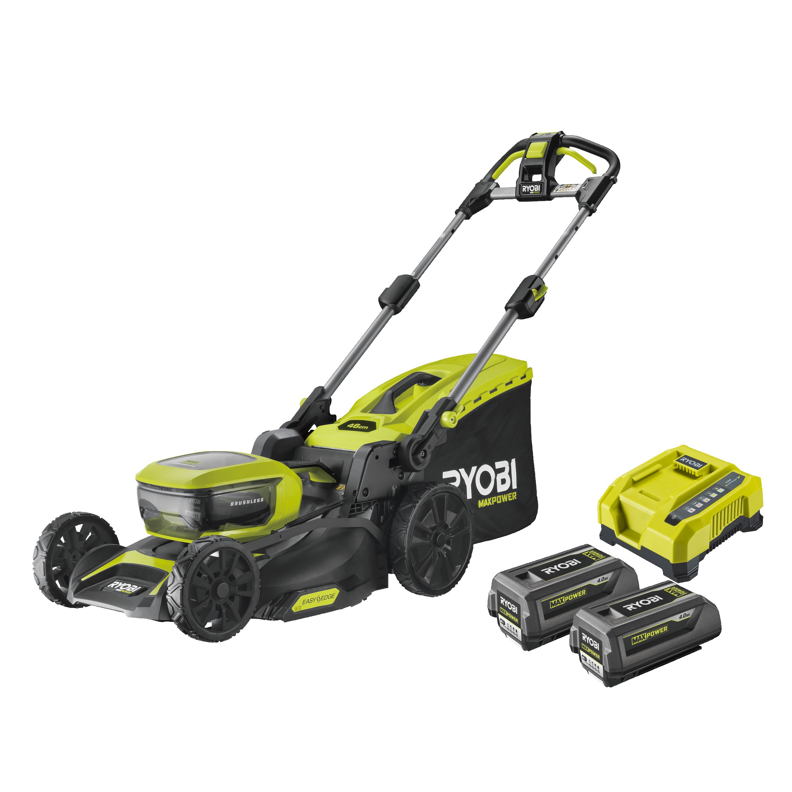 Ryobi RY36LMX46A-240 Batteridrevet plæneklipper med 2 stk. 4,0Ah batteri og lader