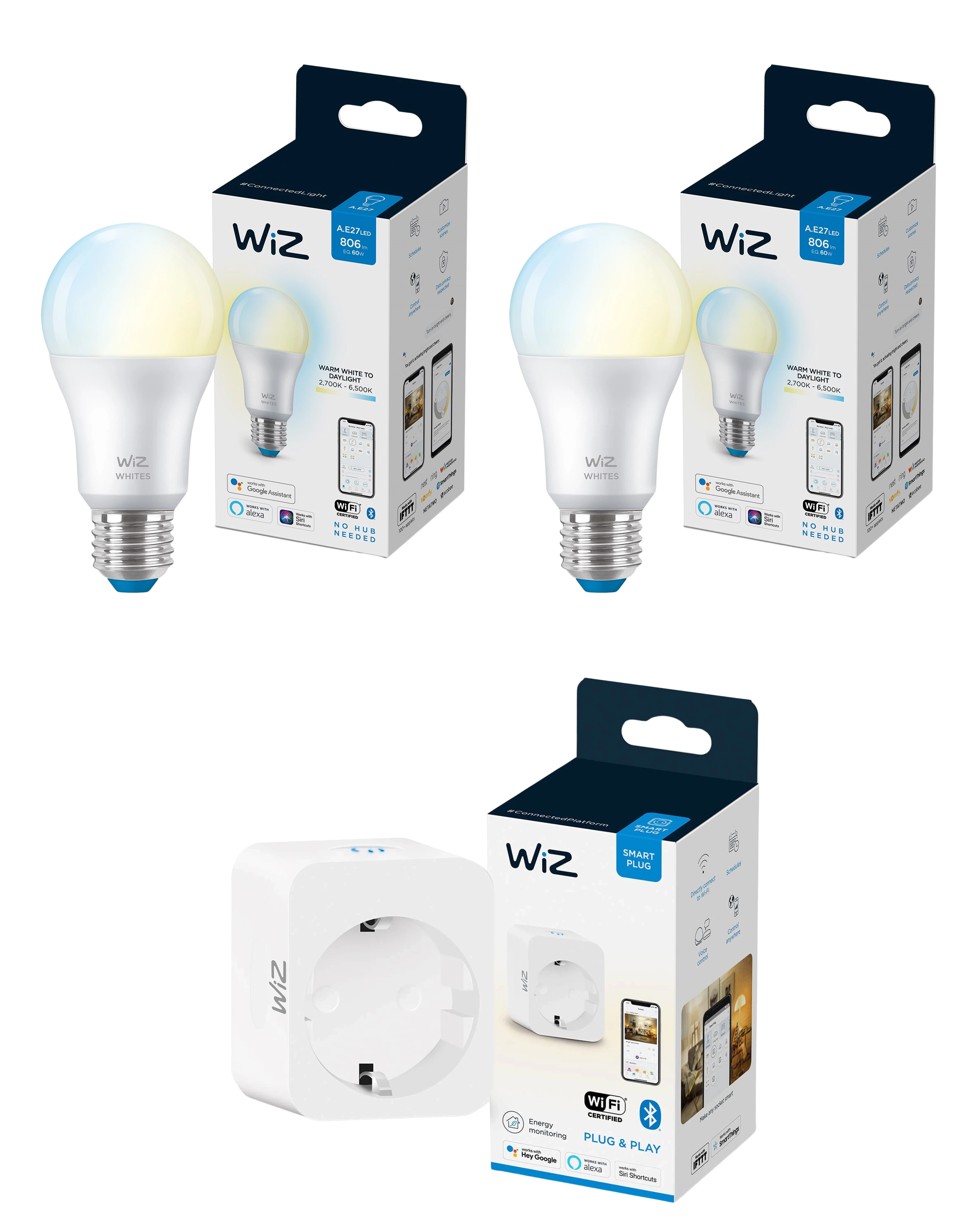 WiZ E27 A60 Tunable White 2-pak + Smart Plug