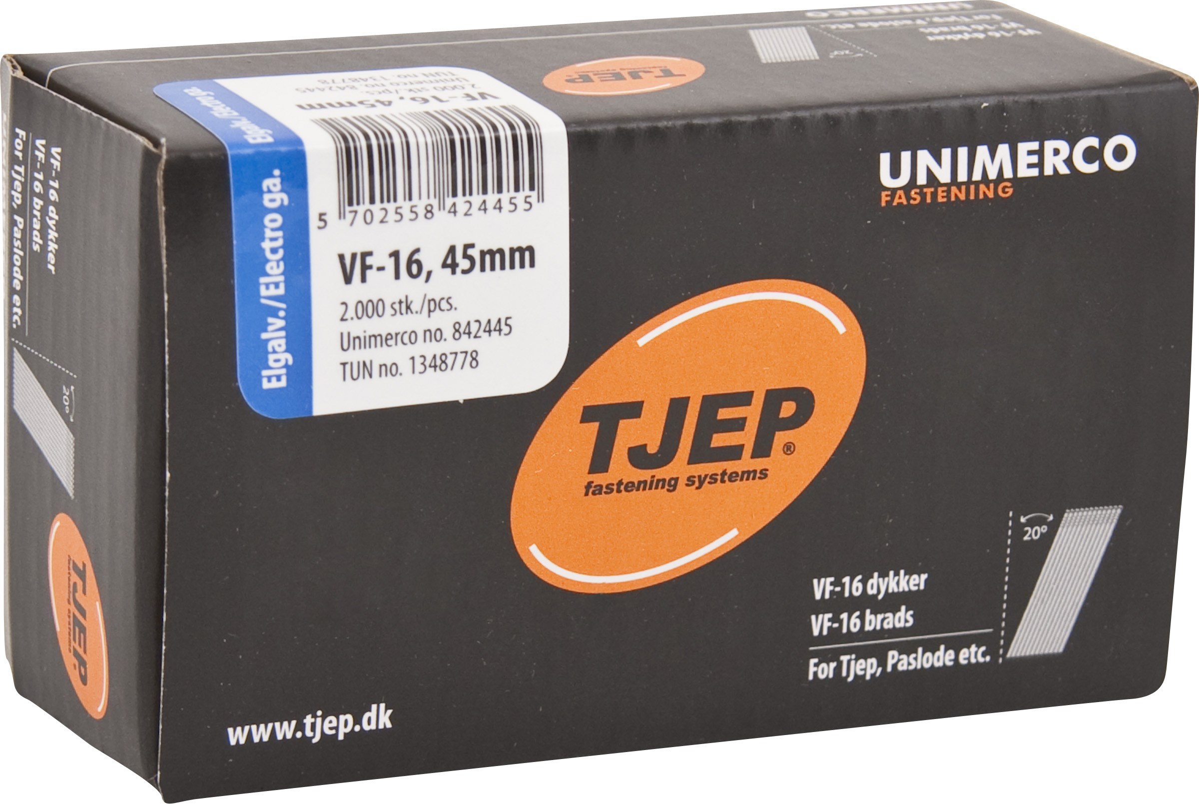 Tjep VF-16 Dykker 1,6x45mm elgalvaniseret, vinklet 20° - 2000 stk.