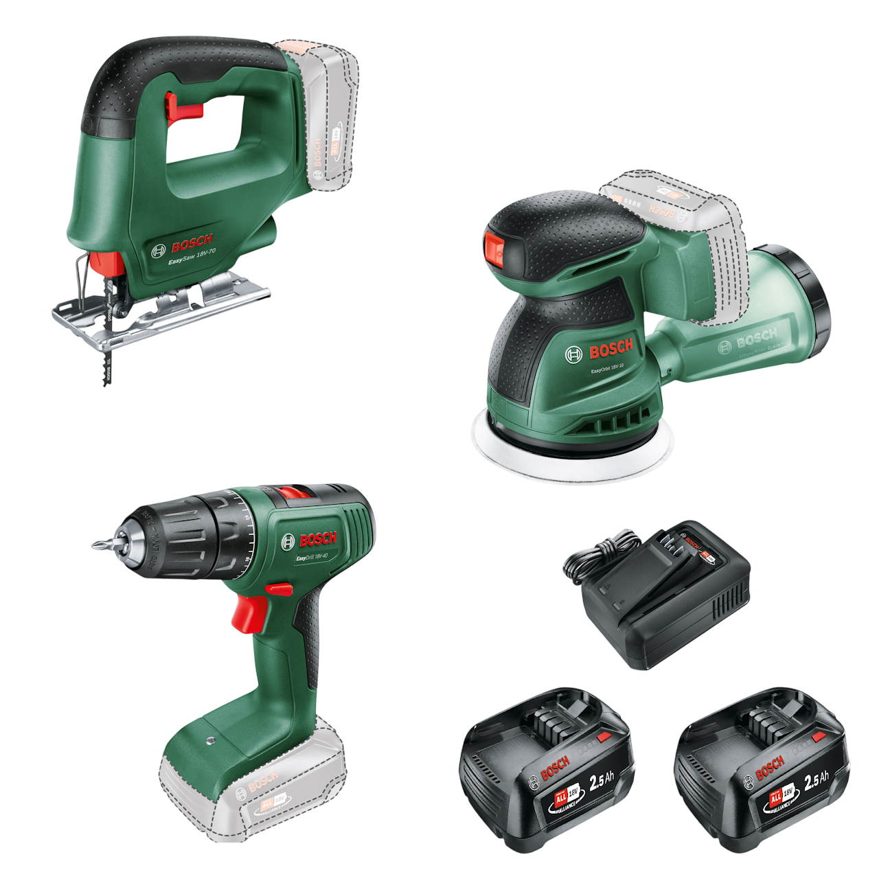 Bosch 18V Bore-/skruemaskine, stiksav og excentersliber med 2 stk. 2,5Ah batterier og lader