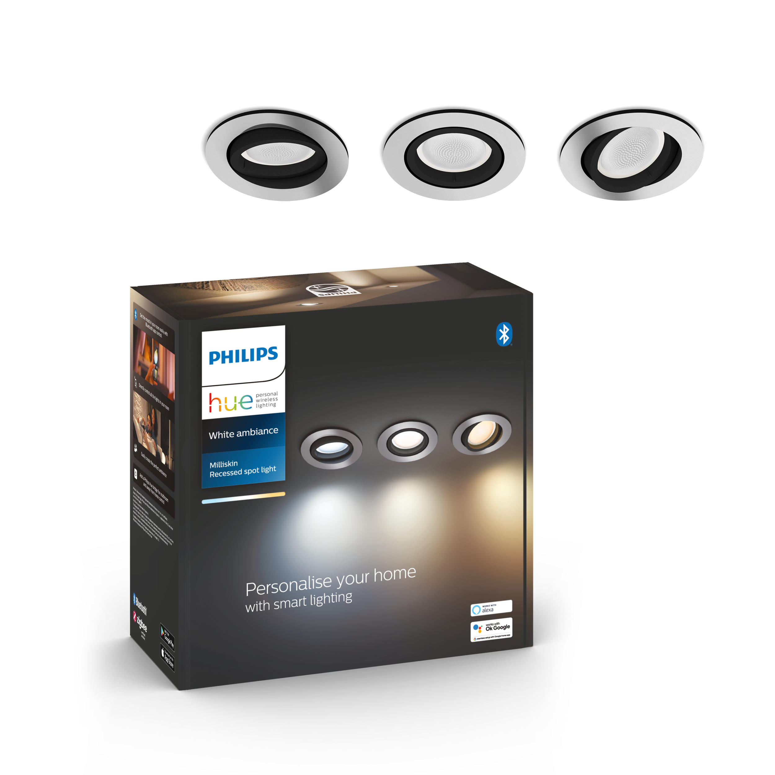 Philips Hue Milliskin WA BT Rund indbygningsspot i aluminium - 3 stk.