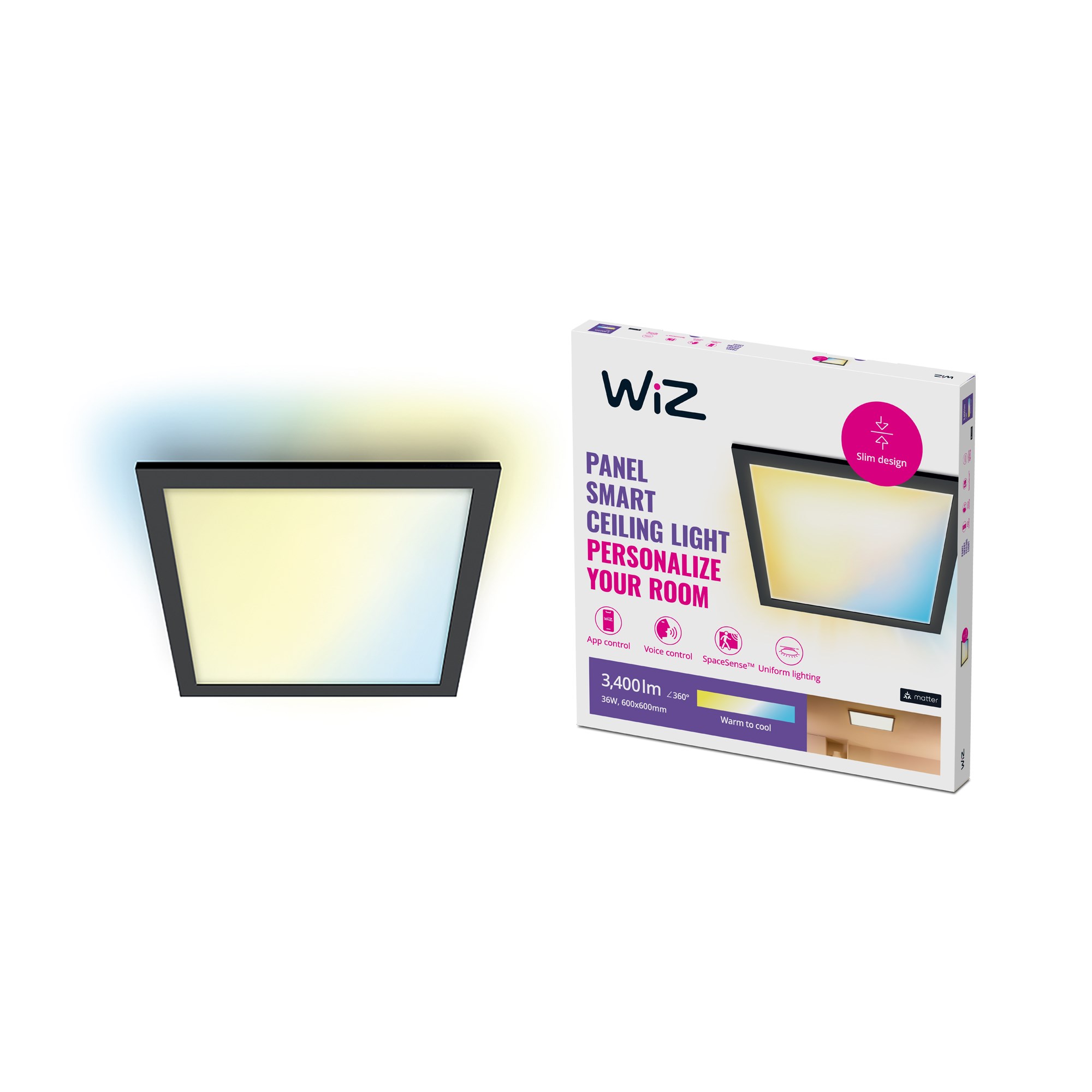 WiZ SQ36W Loftslampe TW firkantet i sort