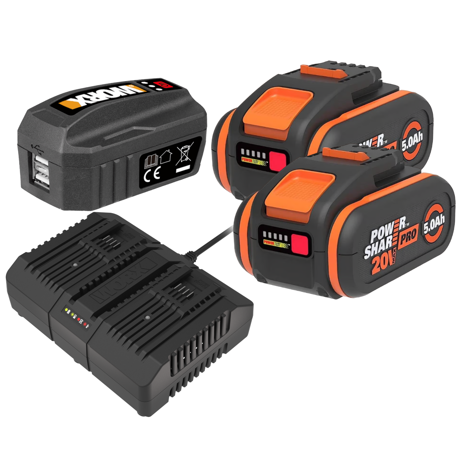 Worx 20V PowerShare Startsæt med 2 stk. 5,0Ah batteri, dobbelt lynlader og USB ladeaggregat
