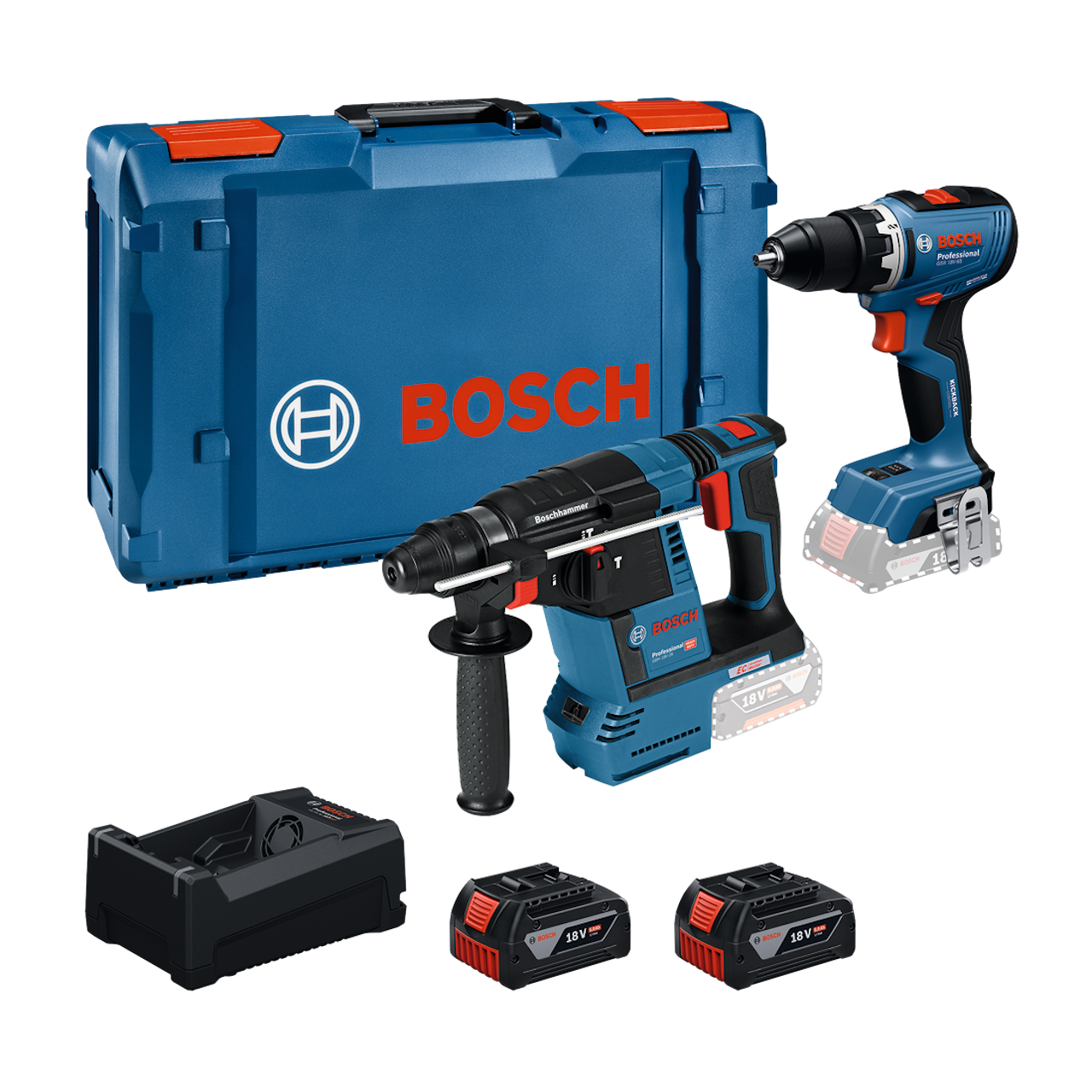 Bosch Professional GSR 18V-65 + GBH 18V-26 Elværktøjssæt med 2 stk. 5,0Ah batteri, GAL 12V/18V-80 lader og XL-BOXX