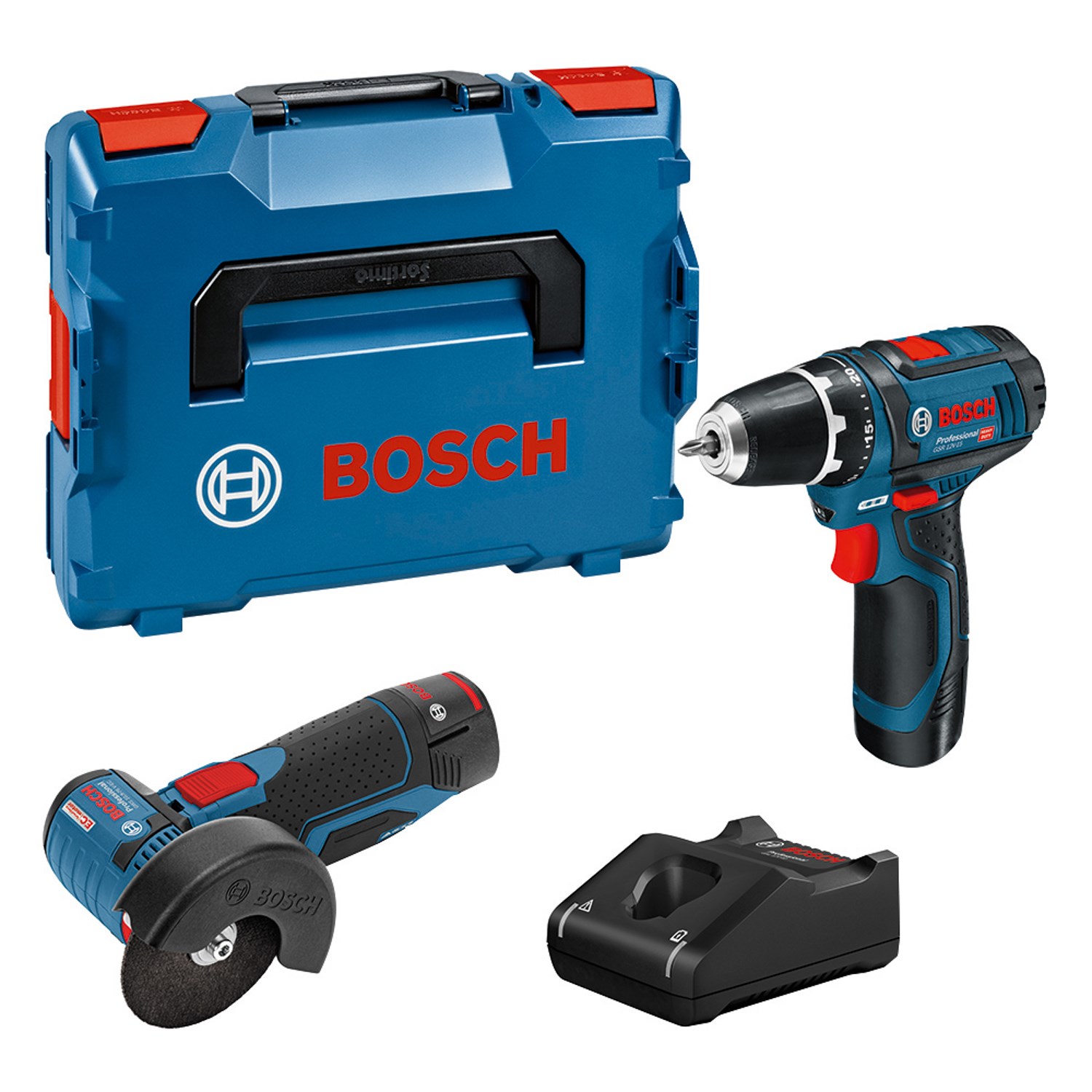 Bosch Professional GSR 12V-15+GWS 12V-76 Elværktøjssæt med 2 stk. batteri, lader og L-BOXX 136