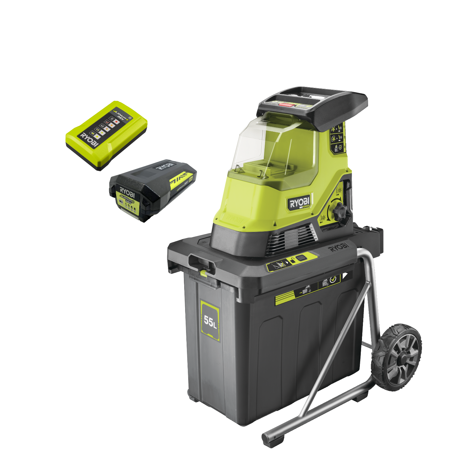 Ryobi RY36SHX40 MAX POWER 36V Kompostkværn med 2,0Ah batteri og lader