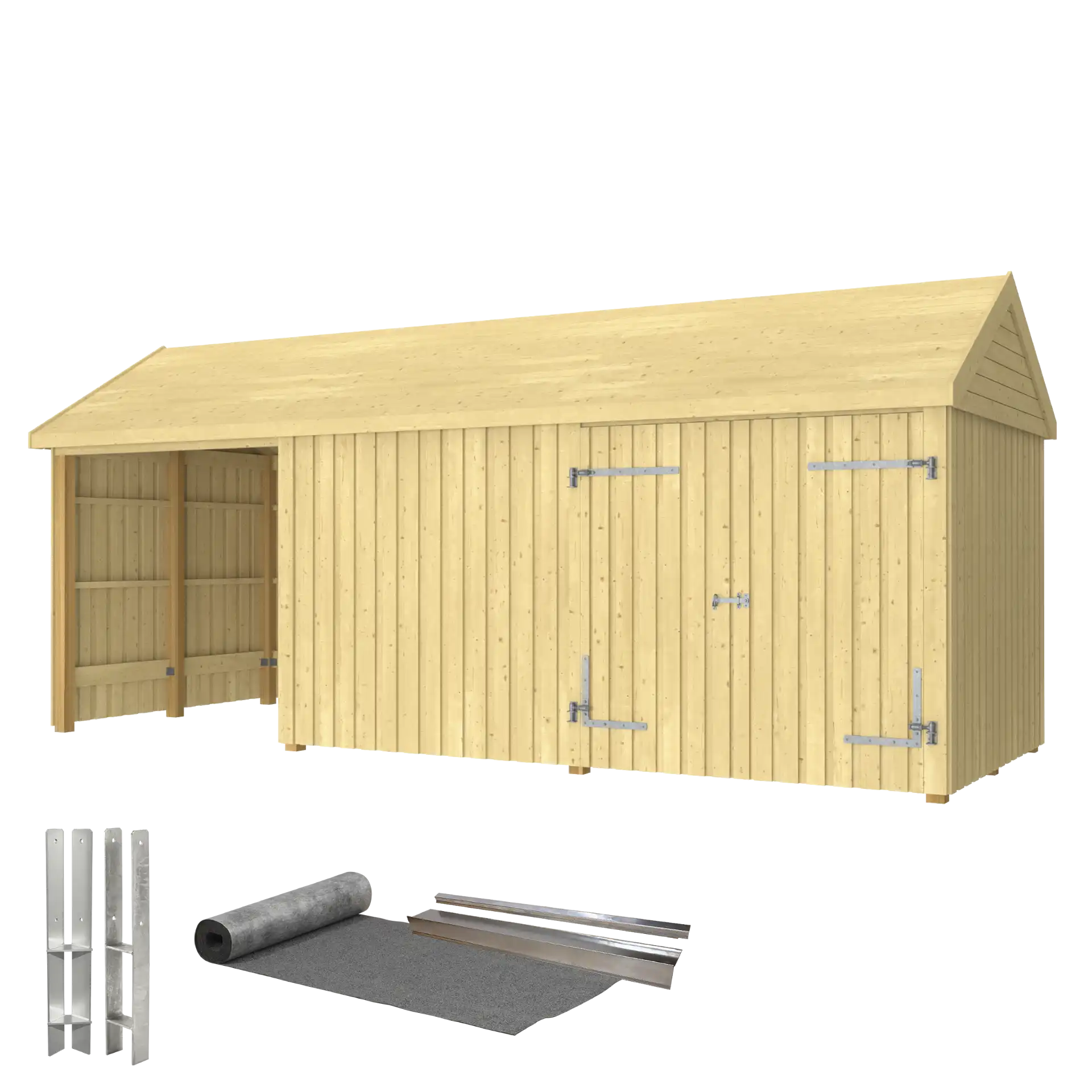 Plus Classic Multi Havehus 14,5 m² 3 moduler m/dobbeltdør og åben/lukket front inkl. tagpap/alulister/H-stolpefødder