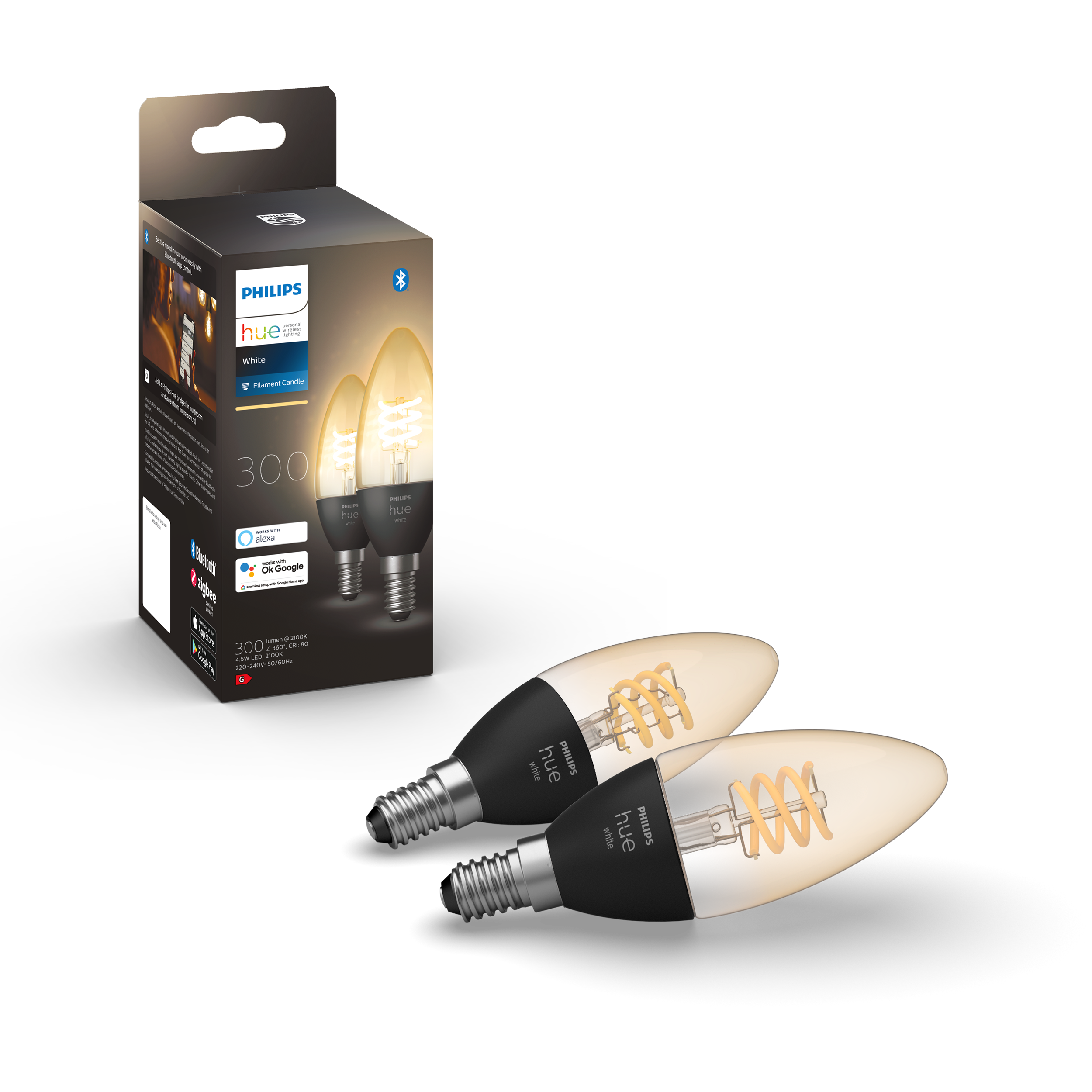 Philips Hue E14 BT Filament White 330 lm pære 2-pak