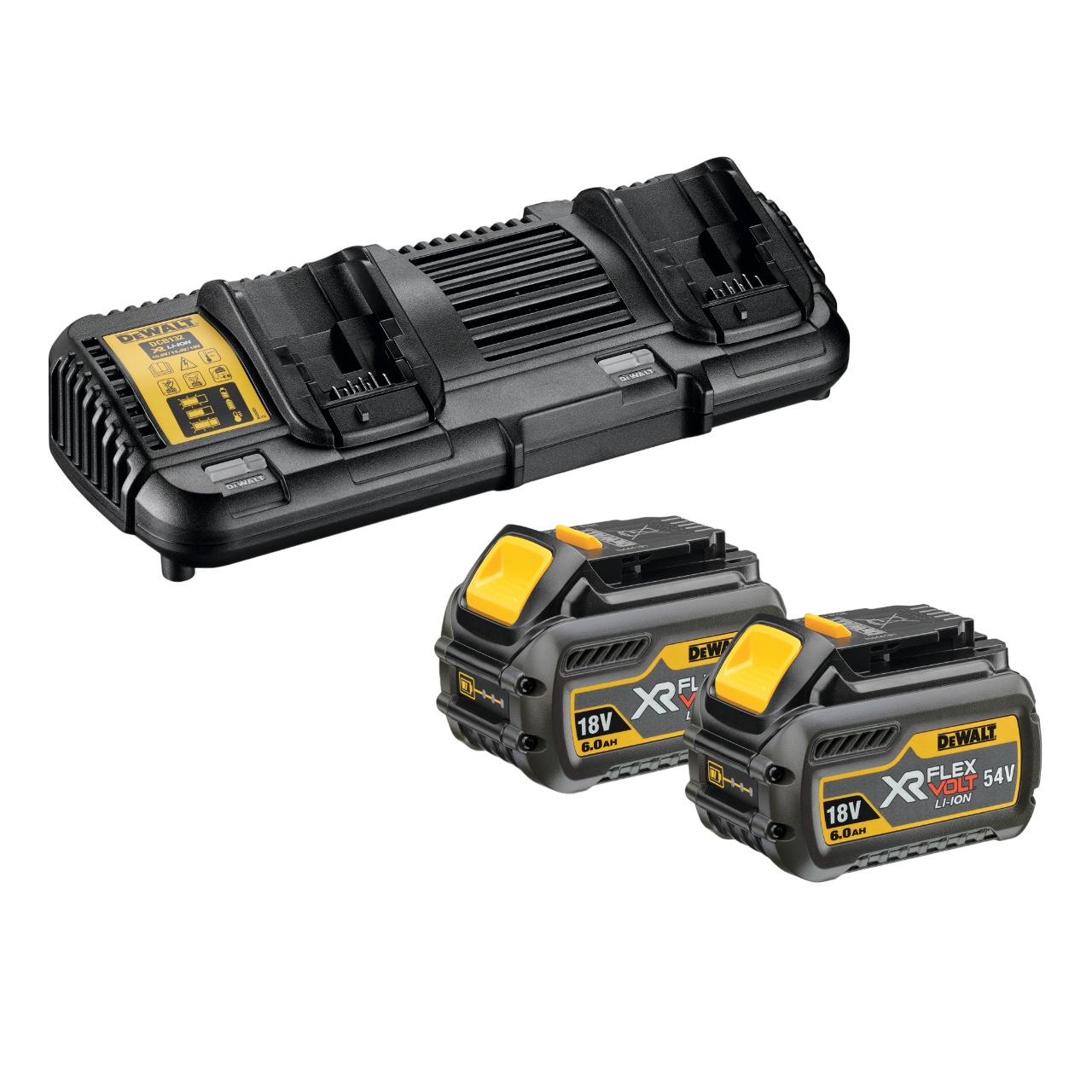 DeWALT DCB132T2-QW 18/54V XR Flexvolt dobbeltlader og 2 batterier