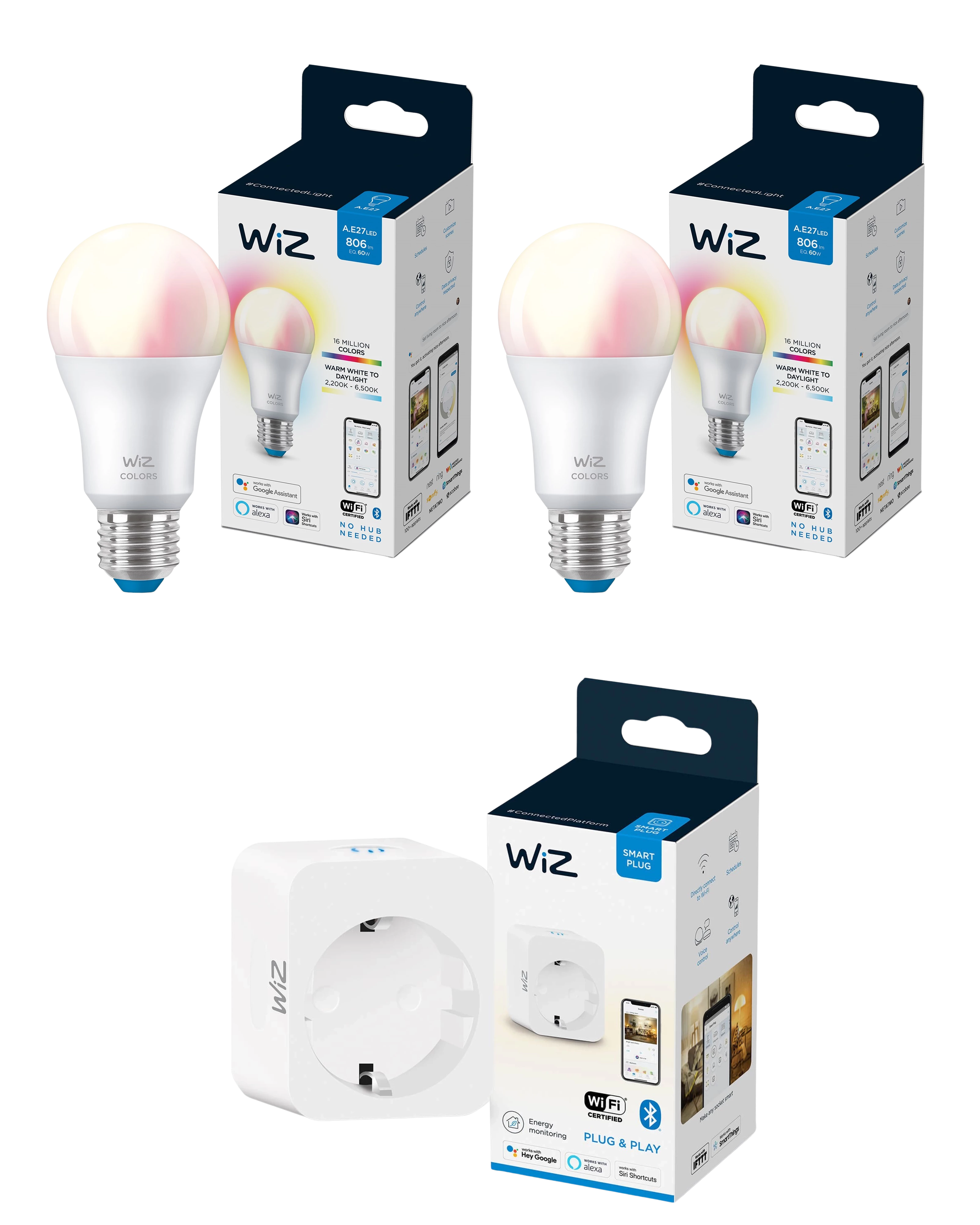 WiZ E27 A60 Colors & Tunable White 2-pak + Smart Plug