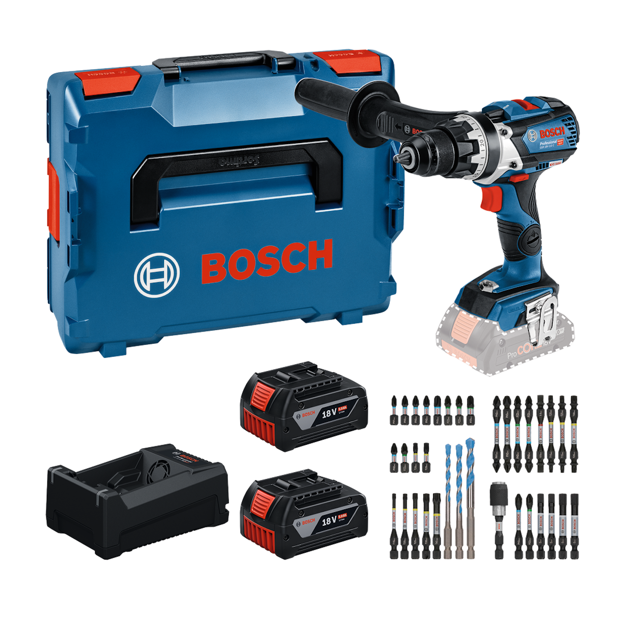 Bosch Professional GSR 18V-110 C Bore-/skruemaskine med 2 stk. GBA 5,0Ah batteri, GAL 12V/18V-80 lader, L-BOXX 136 og bitsæt