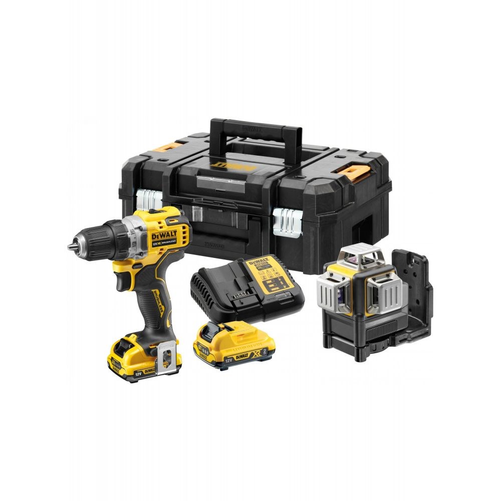 DeWALT DCK212D2T-QW kombokit med skruemaskine, 360° laser, 2 stk. batterier og lader