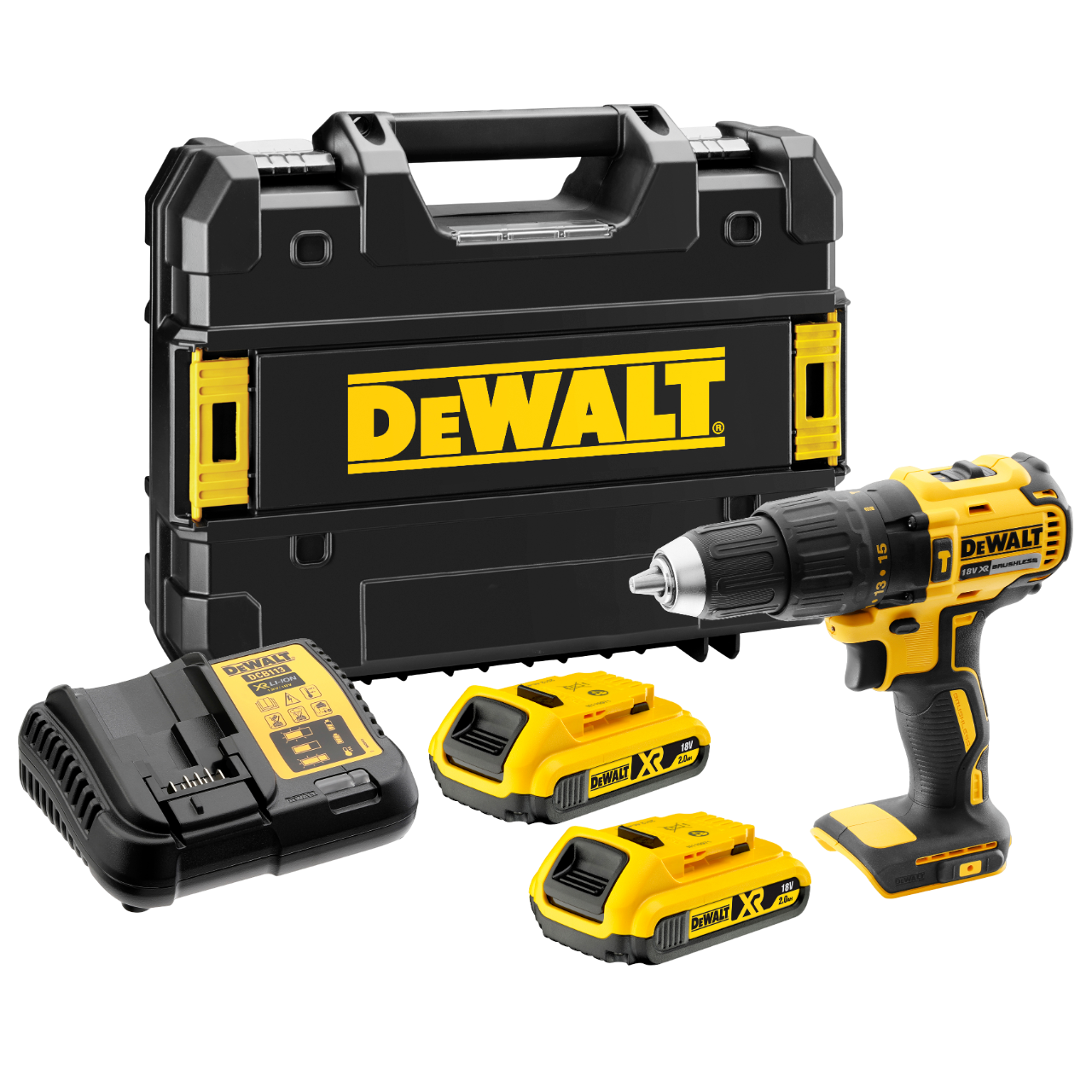Dewalt DCD778D2T-QW 18V XR Slagbore-/skruemaskine med 2 stk. 2,0Ah batteri, lader og TSTAK