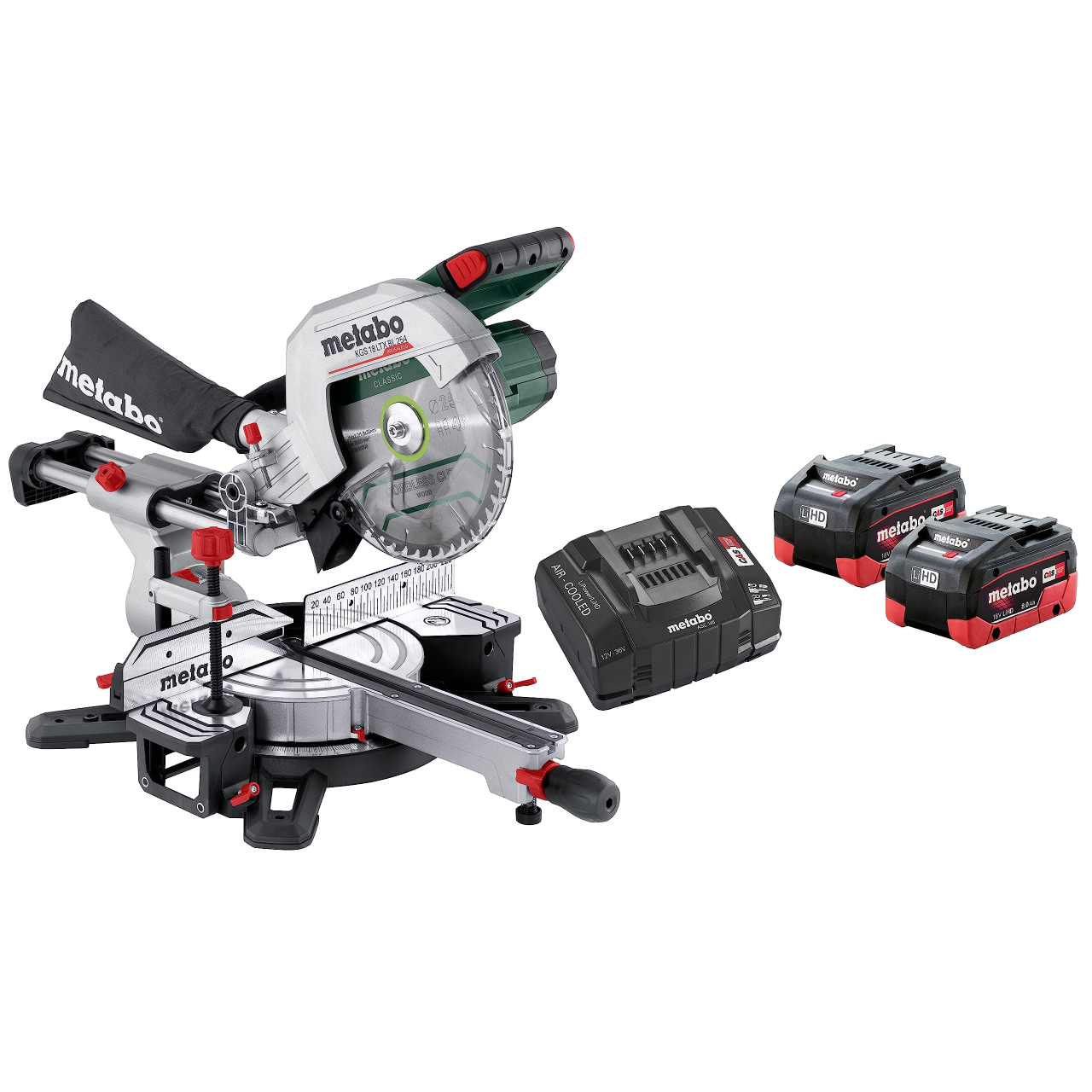 Metabo KGS 18 LTX BL 254 Kap-/geringssav med 2 stk. 8,0Ah batteri og lader