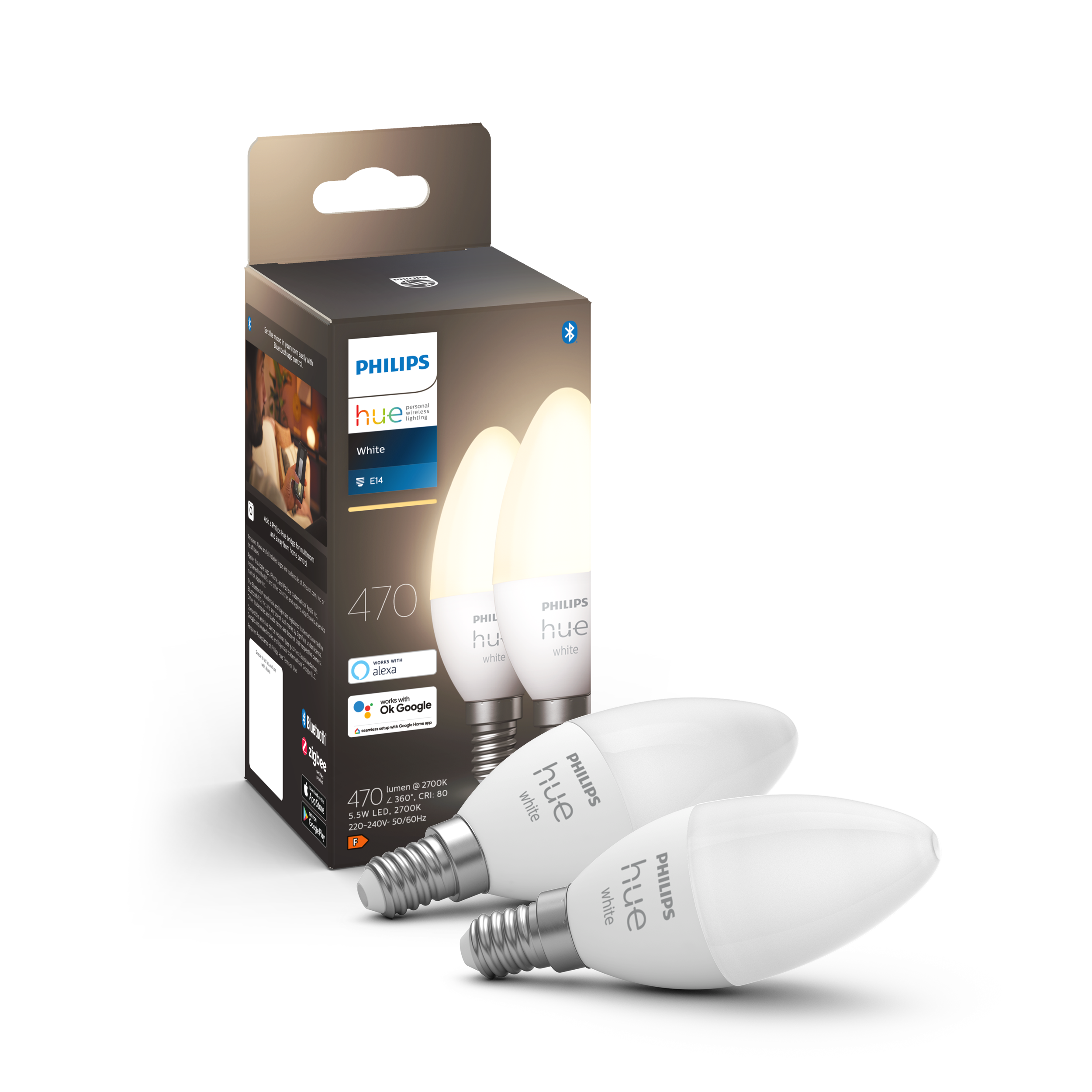 Philips Hue E14 BT White 470 lm pære 2-pak