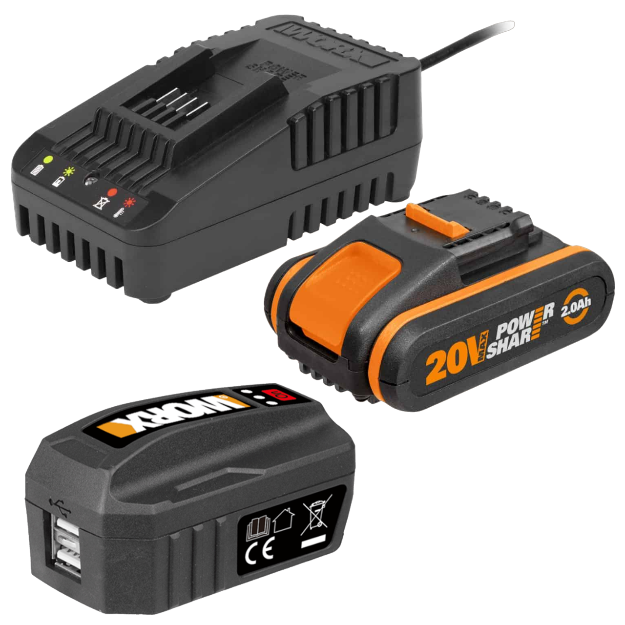 Worx 20V Startsæt med 2,0 Ah batteri, lader og USB